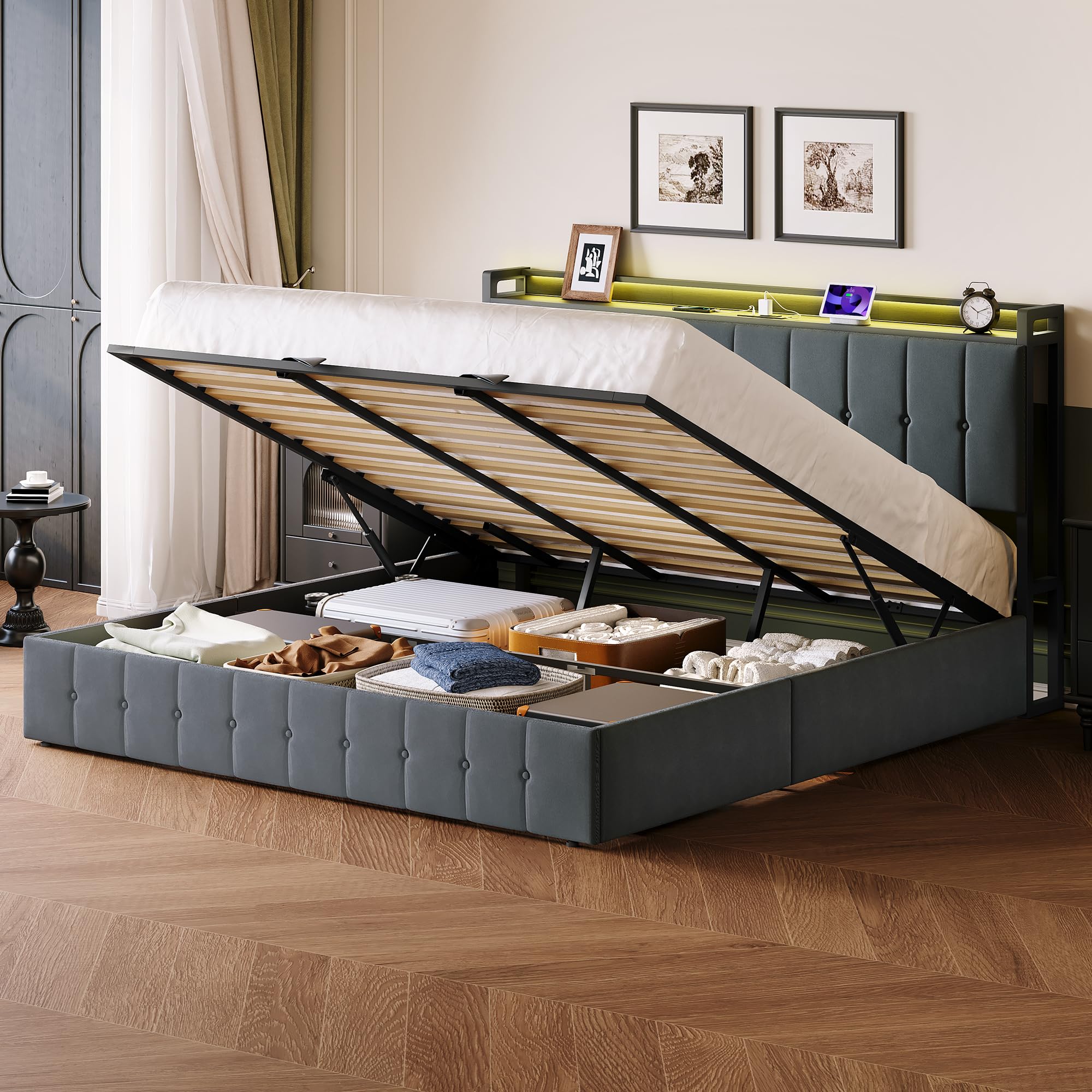 Garvee King Size Lift Up Storage Bed with LED Lights, Upholstered Velvet Bed Frame with Storage Headboard & Charging Station, Metal Platform Bed, No