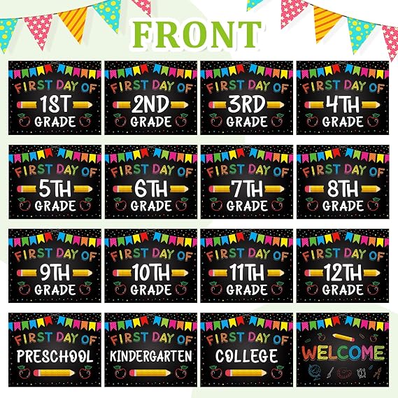 First and Last Day of School Photo Prop Sign 10 x 8 Double Sided Reusable Back to School Paper Photo Signs 16 Grades for Kids Girls Boys Preschool Kindergarten First and Last Day Decor(Color)