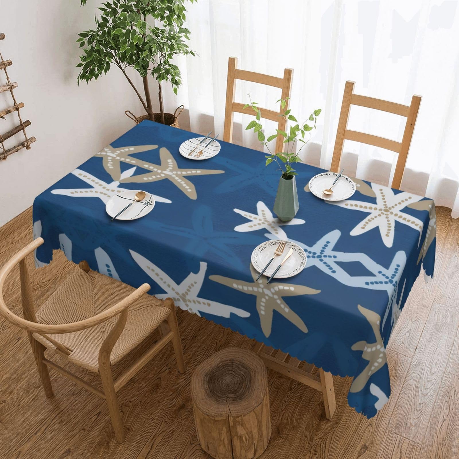 HLSBSSL Blue Background Starfish Patterned square lace tablecloth, wrinkle-resistant and durable, suitable for dining tables, parties, etc.