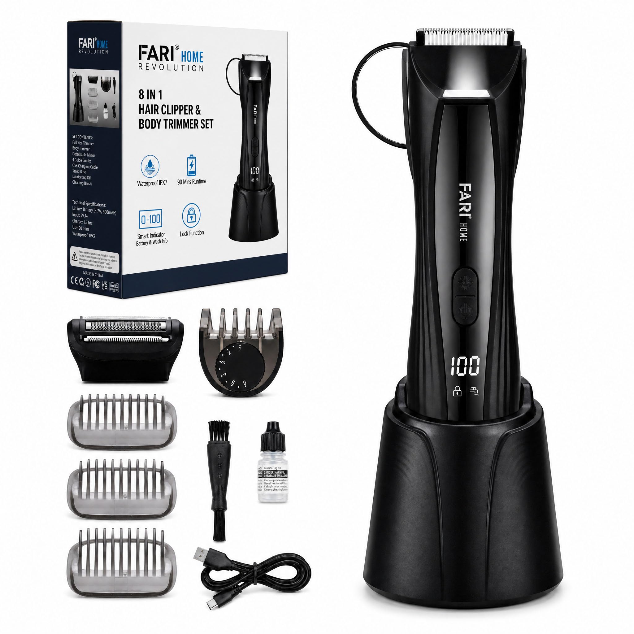 FARI Men's Body & Beard Hair Trimmer, 8-in-1 Manscaping Electric Shaver with 360° Rotating Mirror & LED Spotlight, IPX7 Waterproof Wet/Dry Clipper for Chest & Beard, USB-C Fast Charging