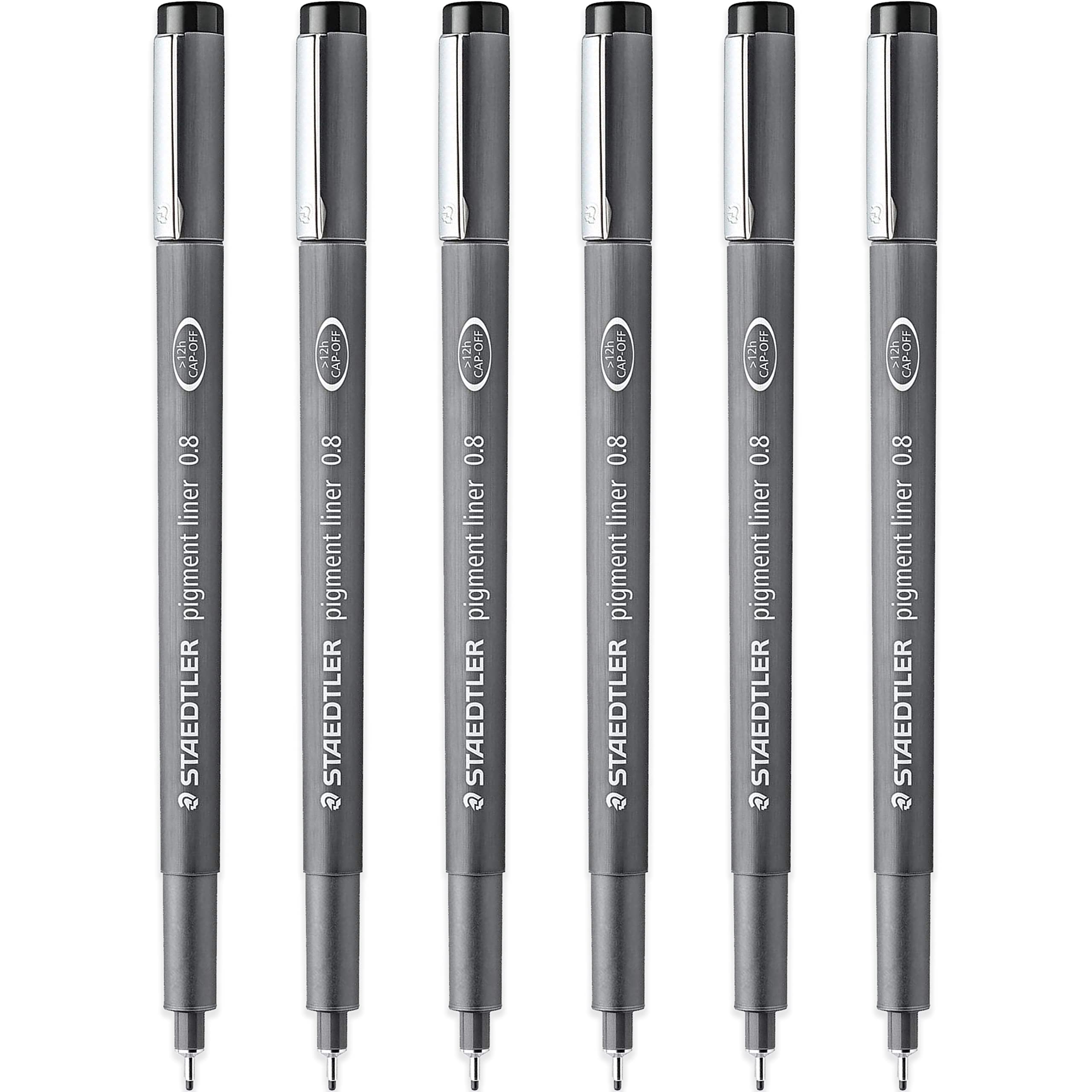 STAEDTLER 308 08-9 Pigment Liner Fineliner Pen - Pennino da 0,8 mm - Inchiostro nero - Confezione da 6
