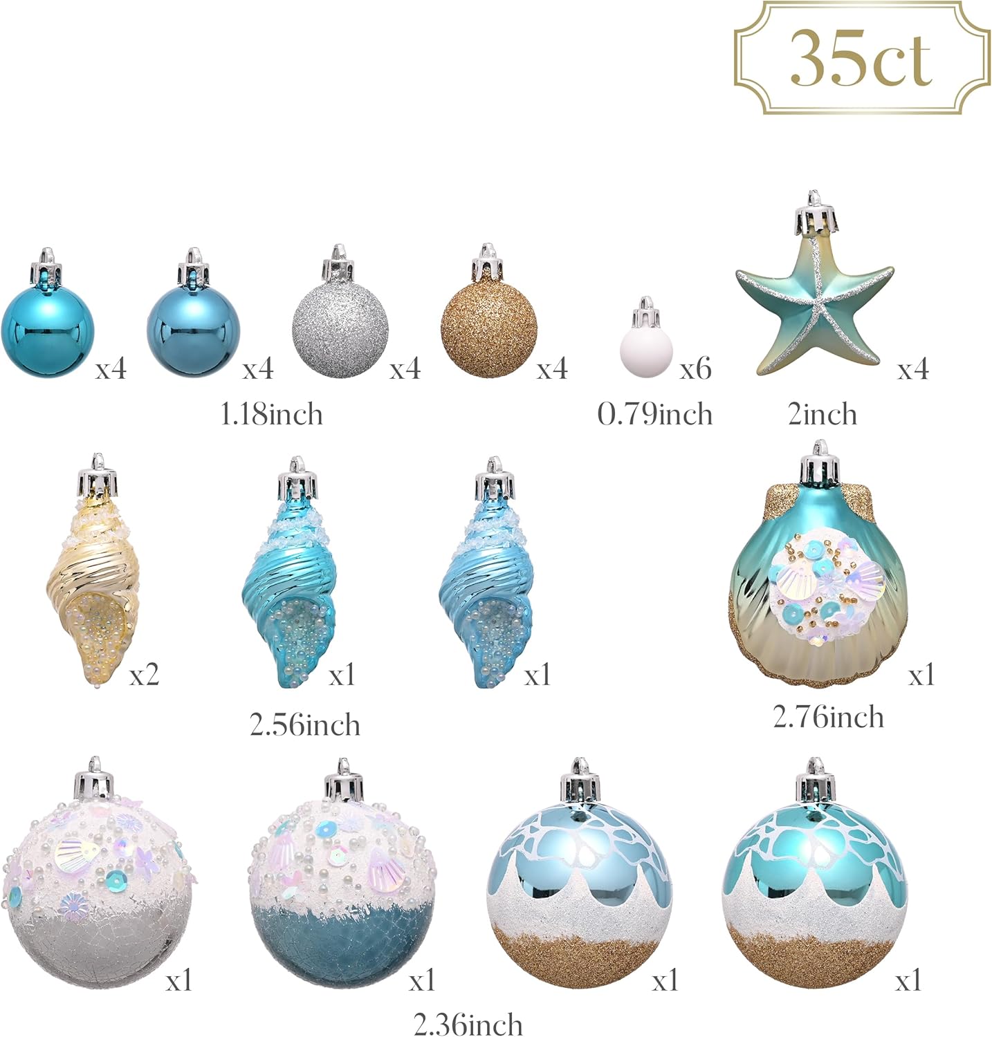 Valery Madelyn Summer Tree Ornaments 35ct Shatterproof Nautical Beach Decor Nautical Ocean-Themed Coastal Christmas in July Tree Decorations, Seashells Starfishs Conch Shell for Tropical Party