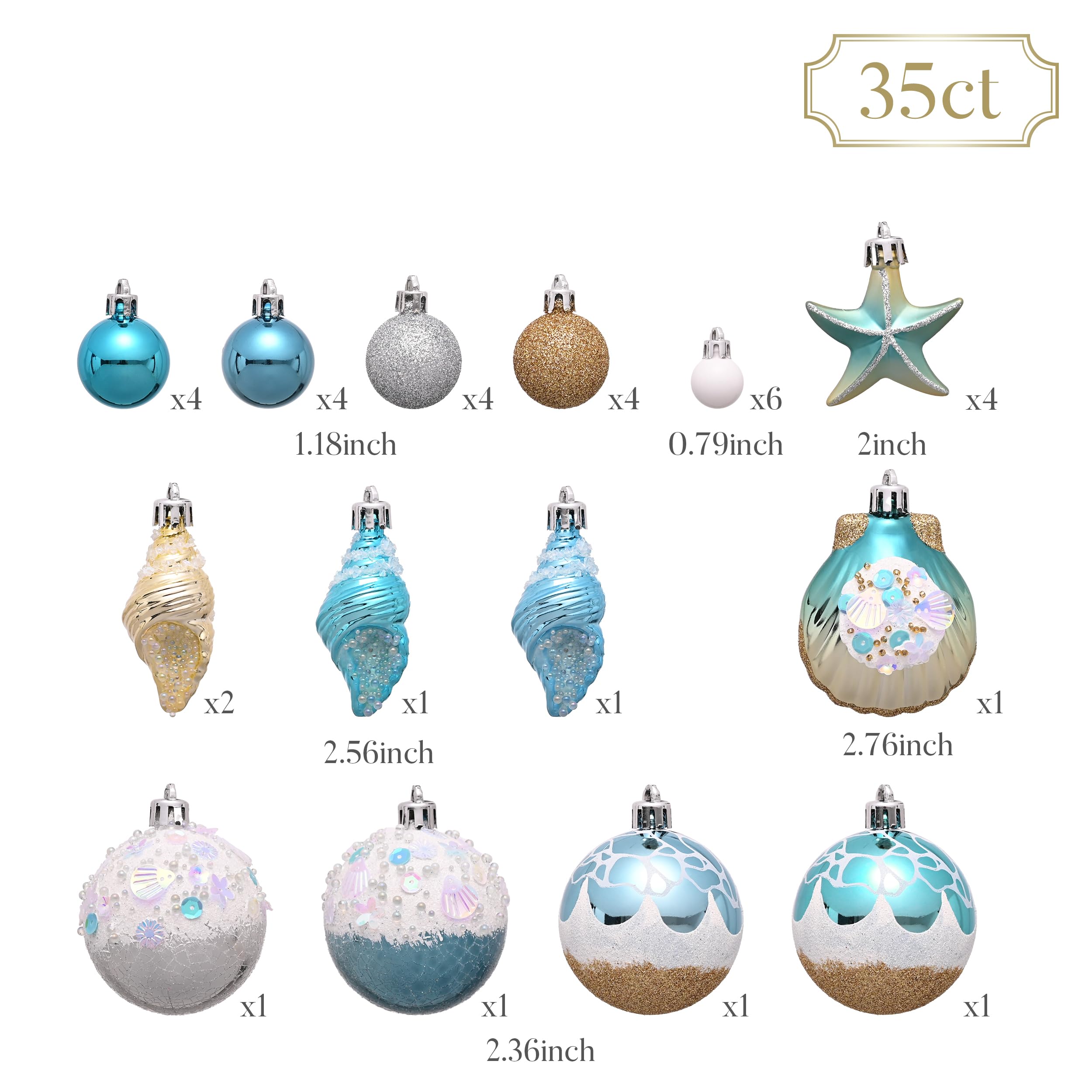 Valery Madelyn Adornos de árbol de verano, 35 unidades, inastillables, decoración náutica de playa, temática náutica, temática del océano, decoración de árbol de Navidad en julio, conchas marinas