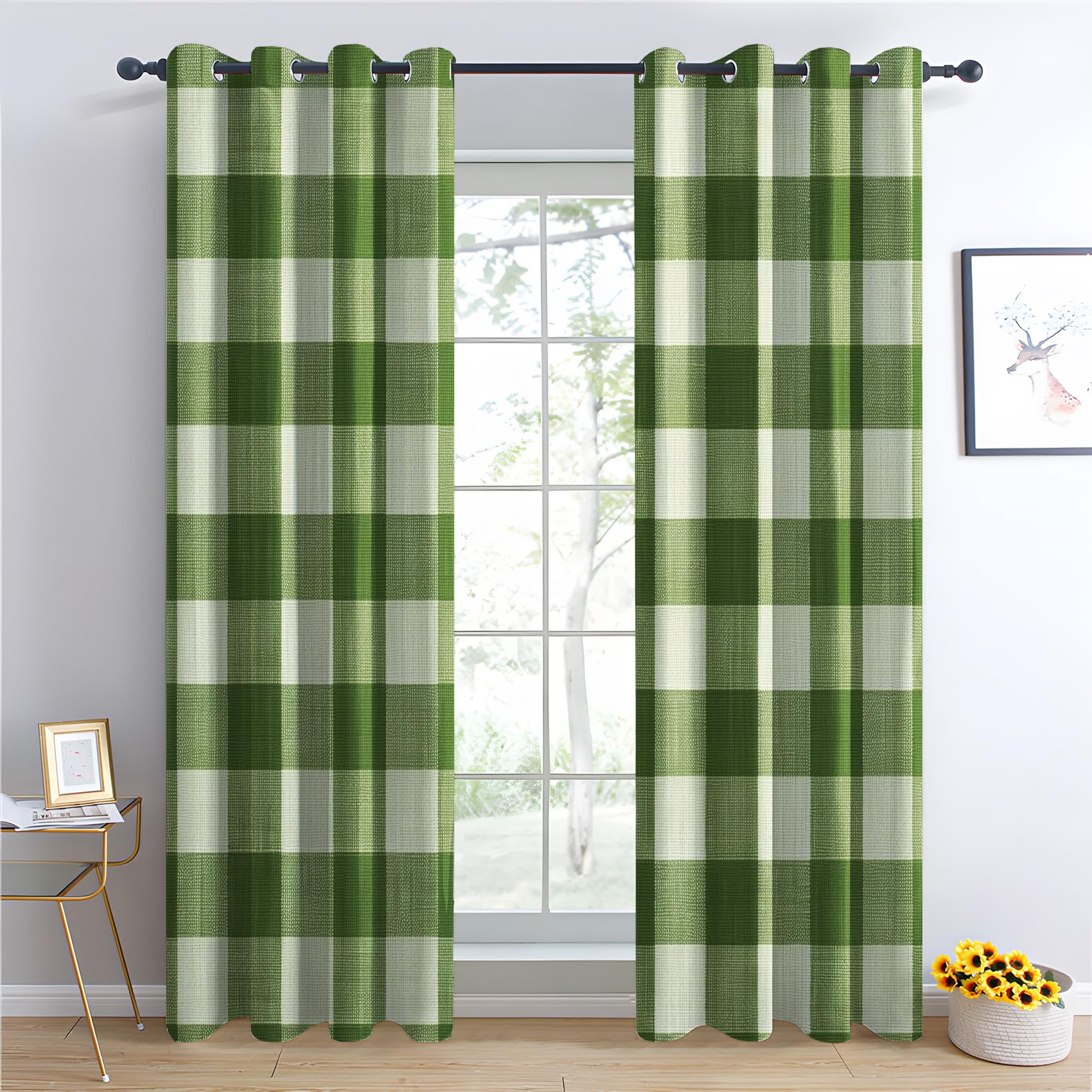 Rideau Occultant Écossais - Décoration Écossais, Rideau Thermique Motif Vert Sauge et Blanc Vichy Carreaux, Lot de 2 Rideaux Opaque à Oeillets pour Fenetre Chambre Salon, 117x137 cm (LxH)