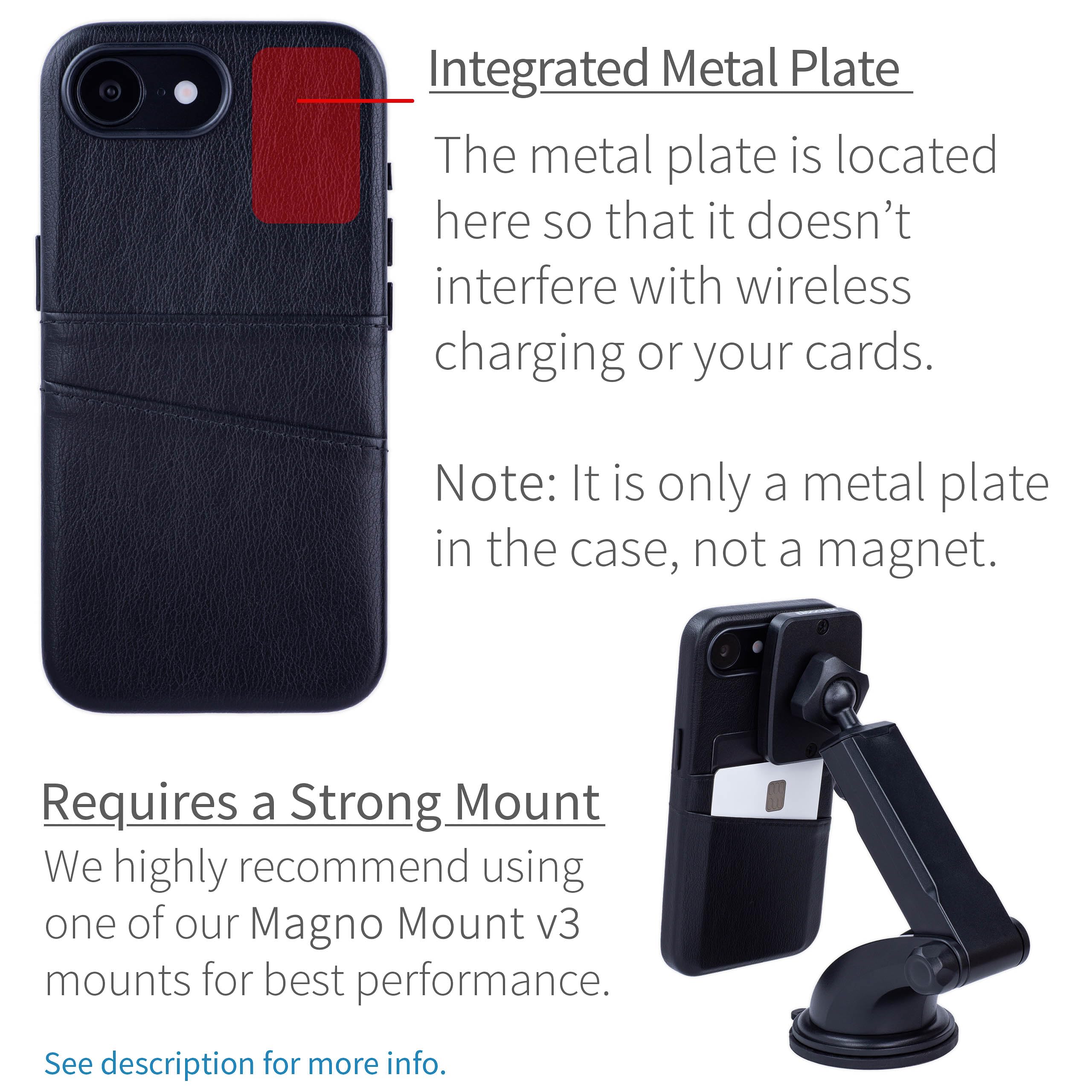Dockem M2 Exec Funda para iPhone 17e, iPhone 16e con Tarjetero Cartera y Placa de Metal Integrada para Montaje Magnético: 2 Bolsillos para Tarjetas: Carcasa de Cuero Sintético Premium (Negro)
