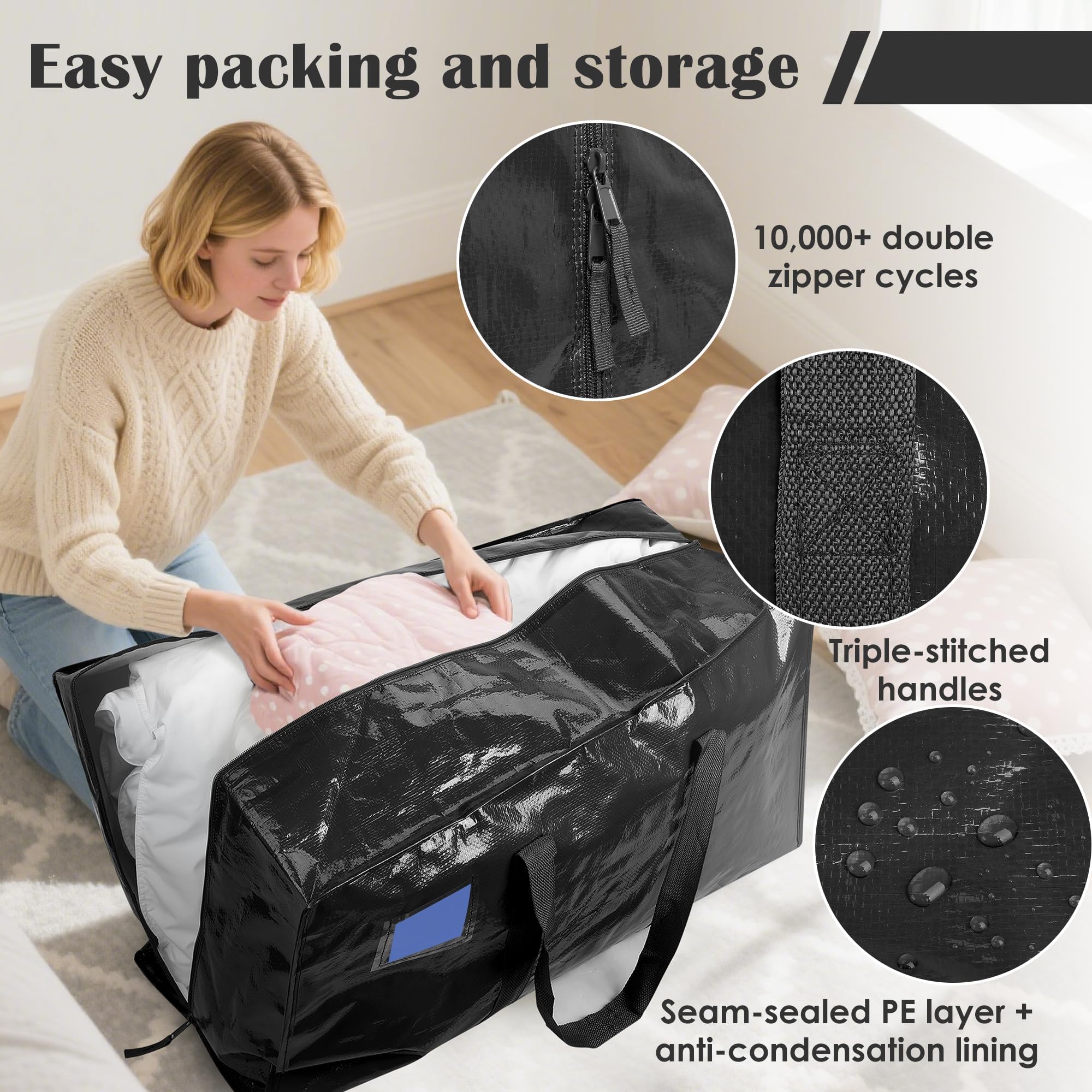 6 Pack Extra Large Heavy Duty Moving Bags with Reinforced Zipper & Wide Handles, Moisture-Resistant Storage Bins Packing Cubes for Clothes, College Dorm, Travel, and Home Organization, Black - 3