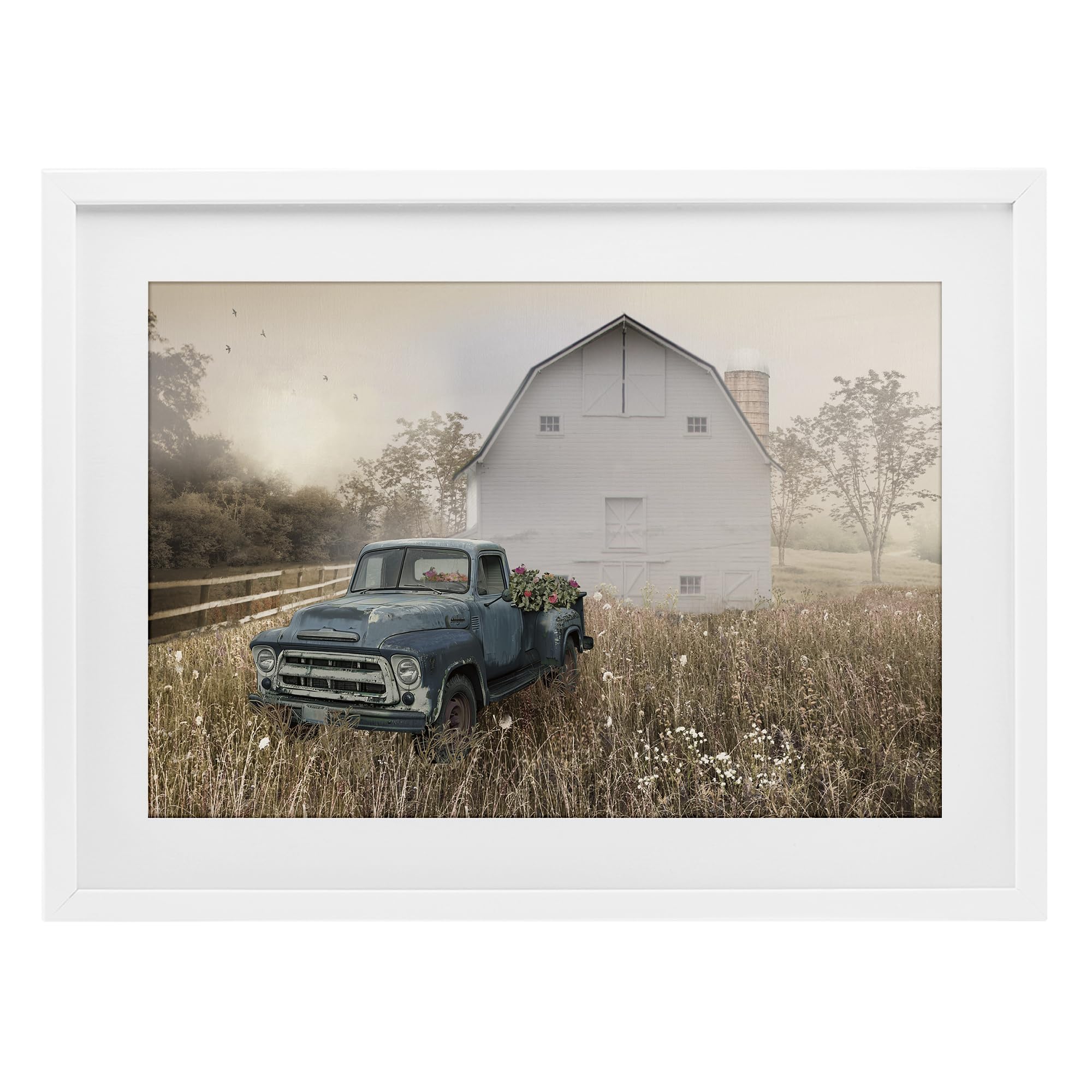 Stupell Industries Coastal White (Textured) Vintage Pickup Wildflower, 17 X 23 Inch Framed Print Under Glass