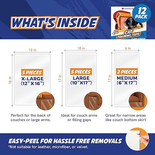 Miniatura 5 de Paquete de 12 hojas de cinta protectora de muebles para arañazos de gatos, entrenamiento adhesivo de doble cara (5 XL, 5 grandes, 2 medianos)