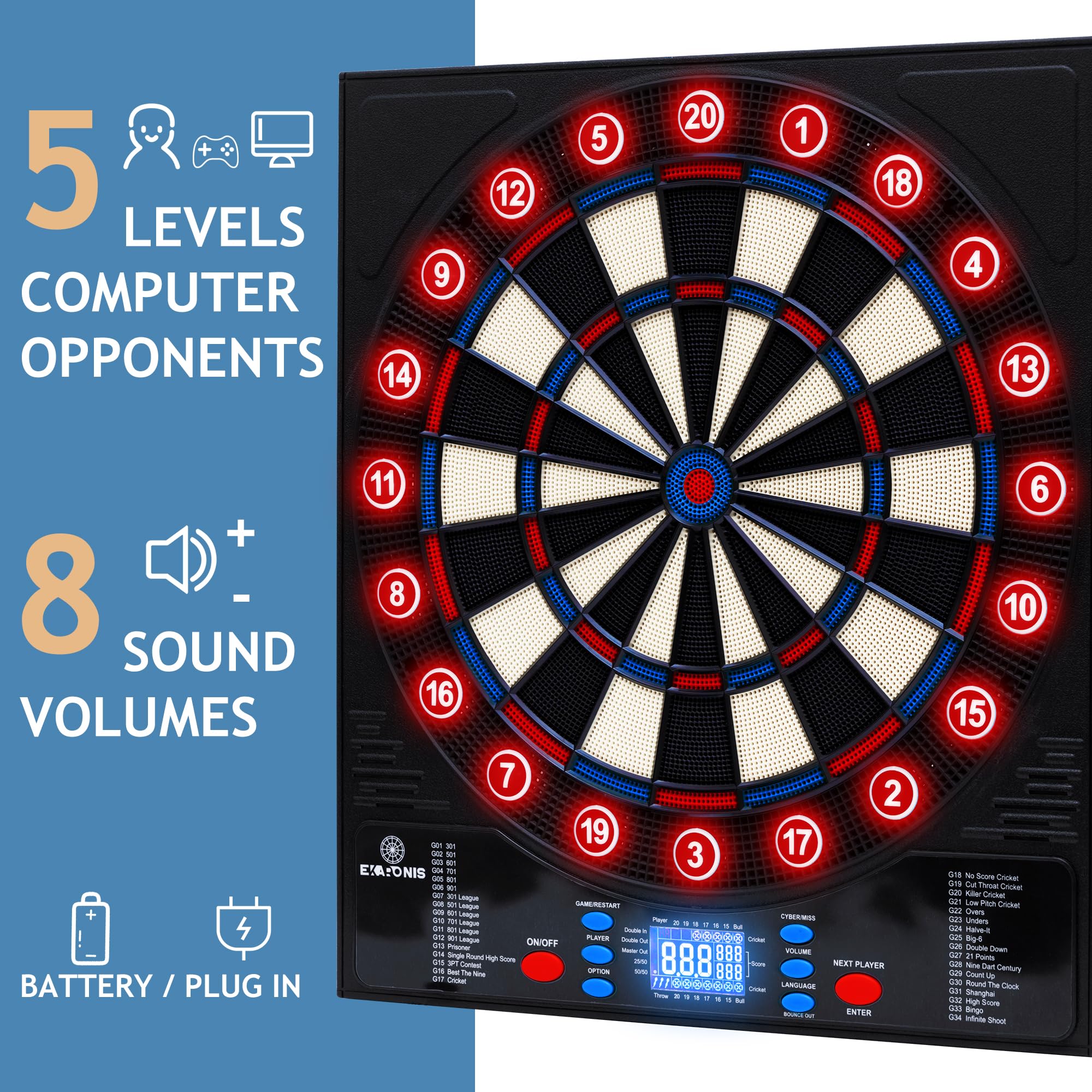 Bersaglio elettronico per 34 giochi, 355 varianti con 12 freccette illuminate per 12 freccette