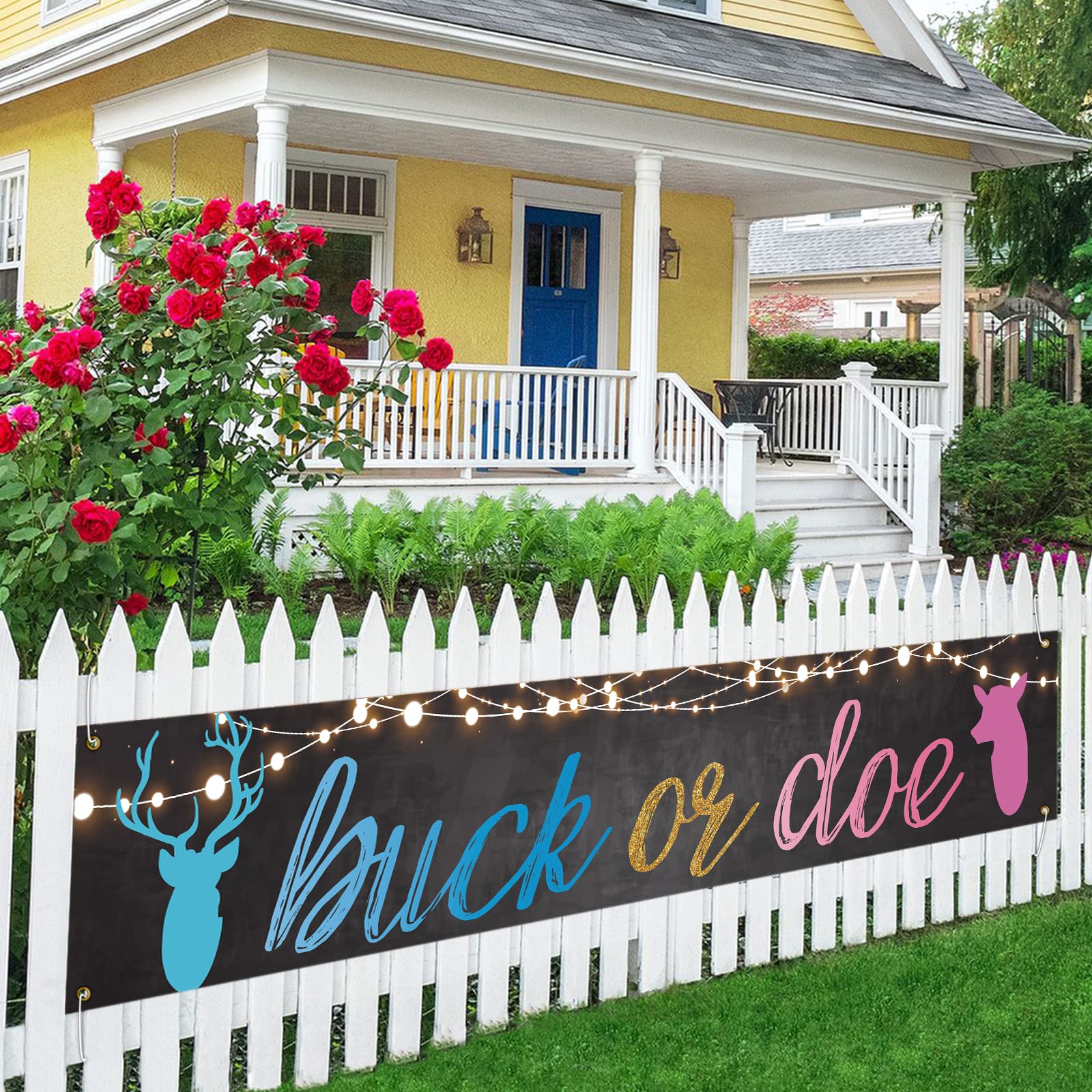 Black Buck or Doe Baby Shower Large Banner Sign, Boy or Girl Gender Reveal Baby Shower Party Decorations Supplies, Blue or Pink Large Banner