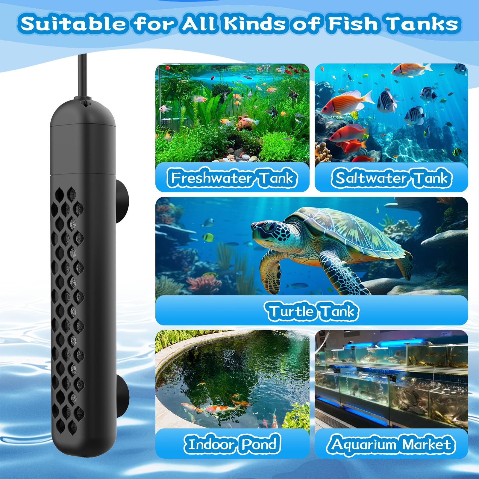 Riscaldatore per acquario, 100 W/200 W/300 W/500 W, riscaldatore regolabile per acquari, con controller digitale intelligente a LED, protezione contro surriscaldamento e fuori dall'acqua per