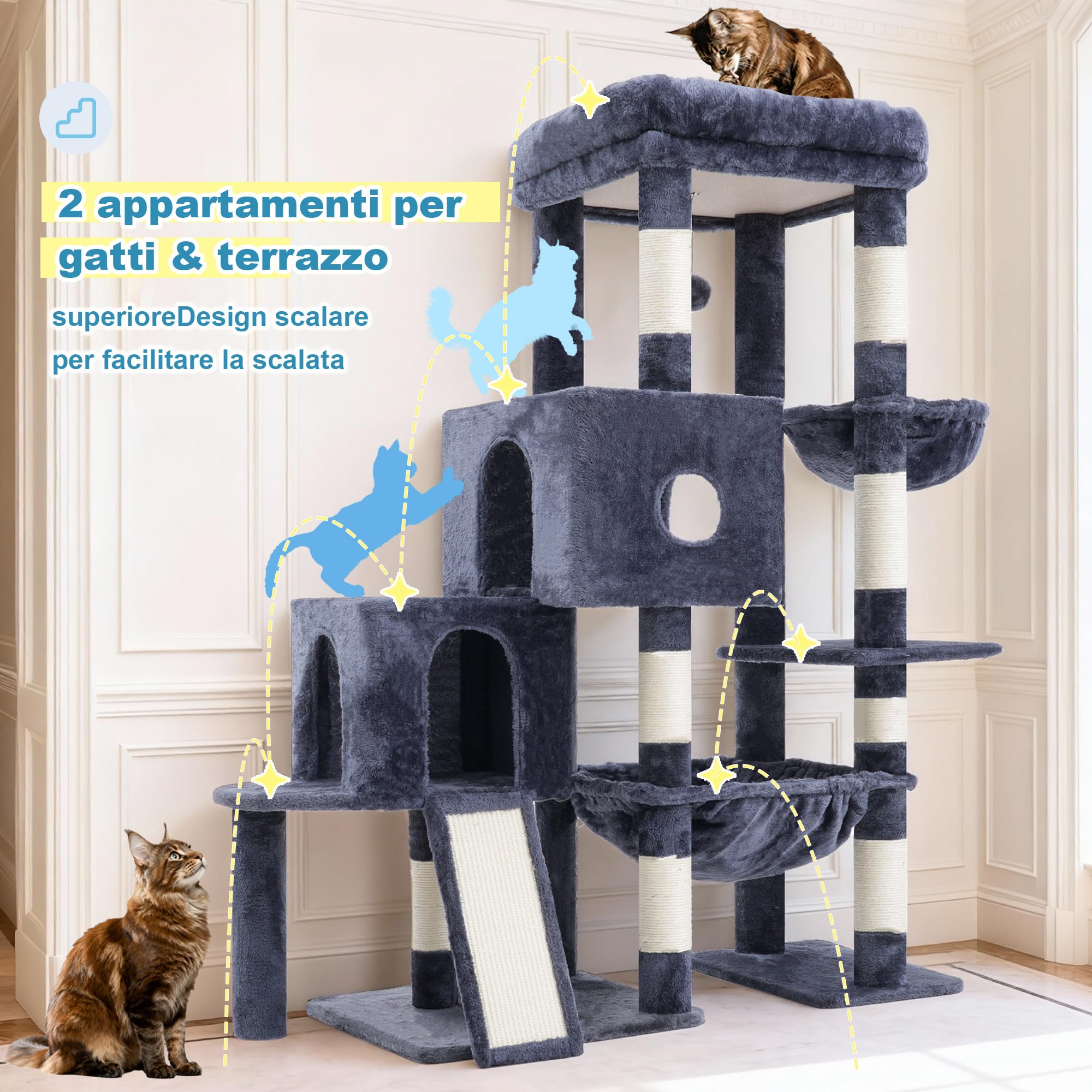 Hey-brother Albero per Gatti, Tiragraffi per Gatti per di con grande piattaforma Per i gatti adulti, Con 2 cuccie per gatti, amaca, arricciatoio di sisale e cestino per gatti, Griso fumé MPJ071G