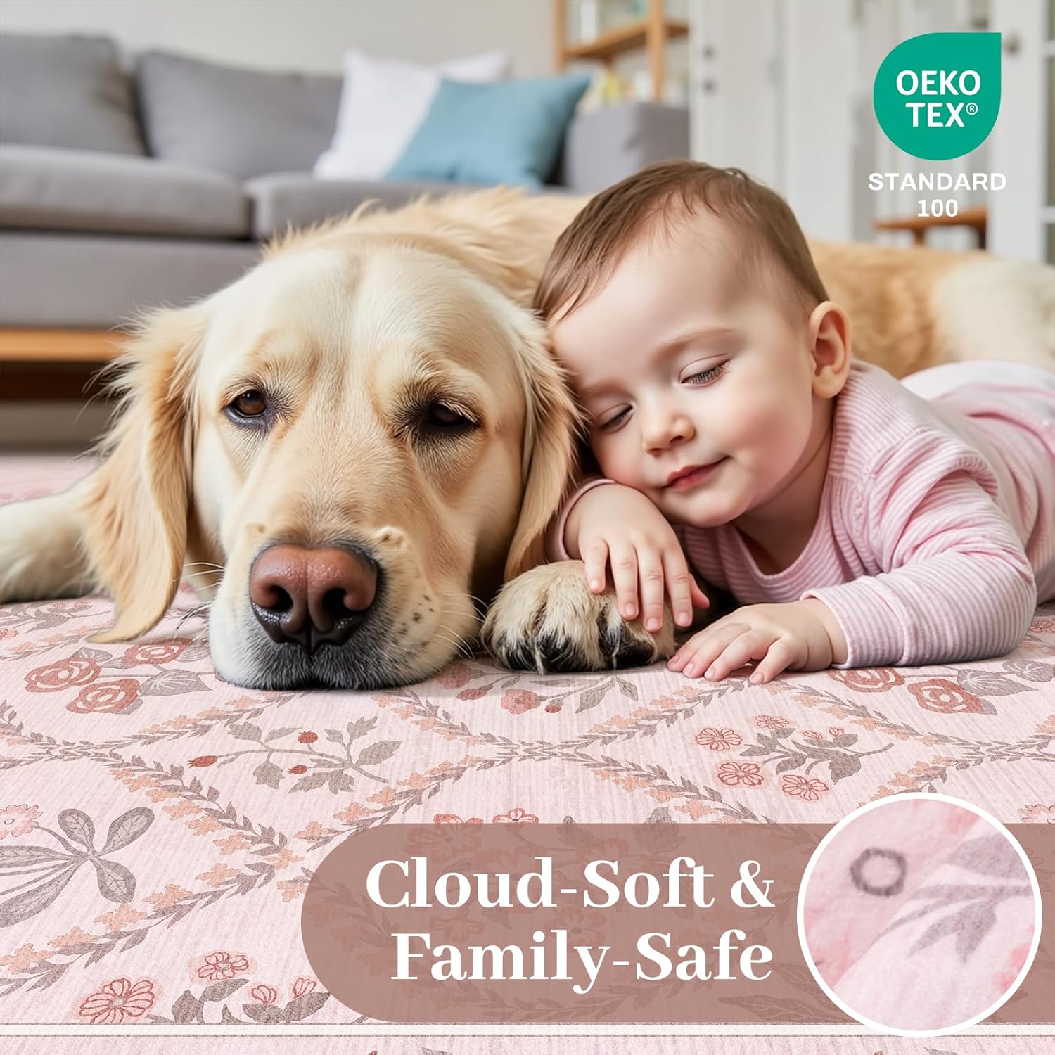 3x5 Nursery Rug, Boho Pink Floral Area Rugs Machine Washable, Soft Ultra-Thin Low-Pile Carpet Non Slip for Girls Room Bedroom Entryway Kids Room Playroom Living Room, Pink Multi