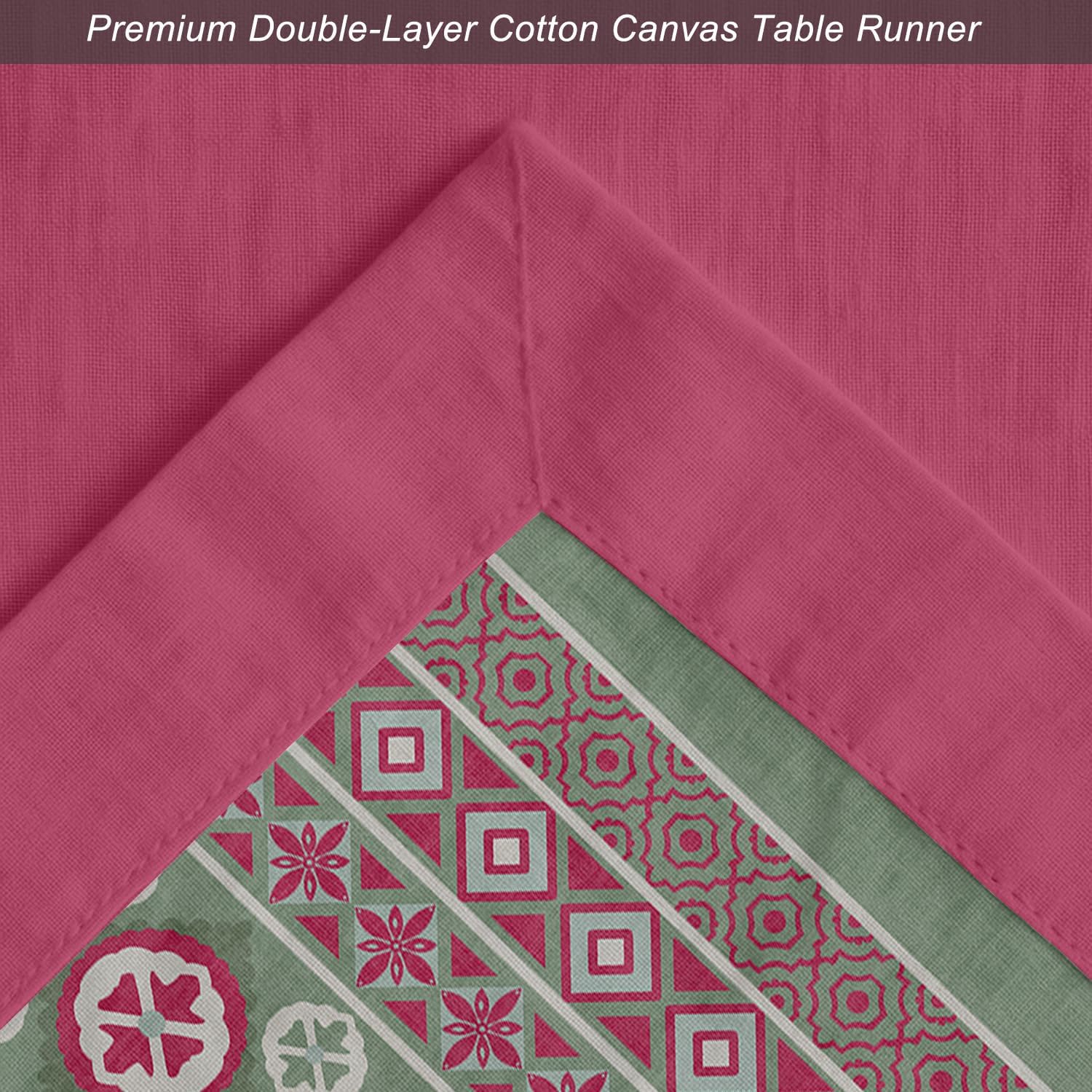 Premium Cotton Table Runner - Lightweight Double Layer - Border Design - Machine Washable Farmhouse Table Decor - Geometric