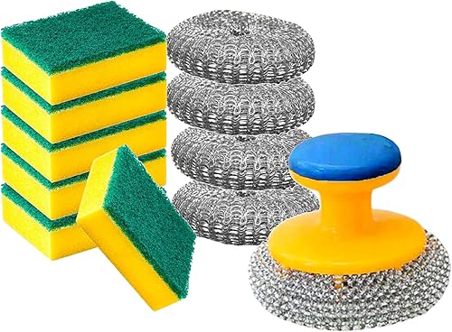 DioCat - Juego de limpieza resistente, 6 esponjas, 4 fregadores de acero inoxidable y cepillo antiadherente para ollas (paquete de 12)