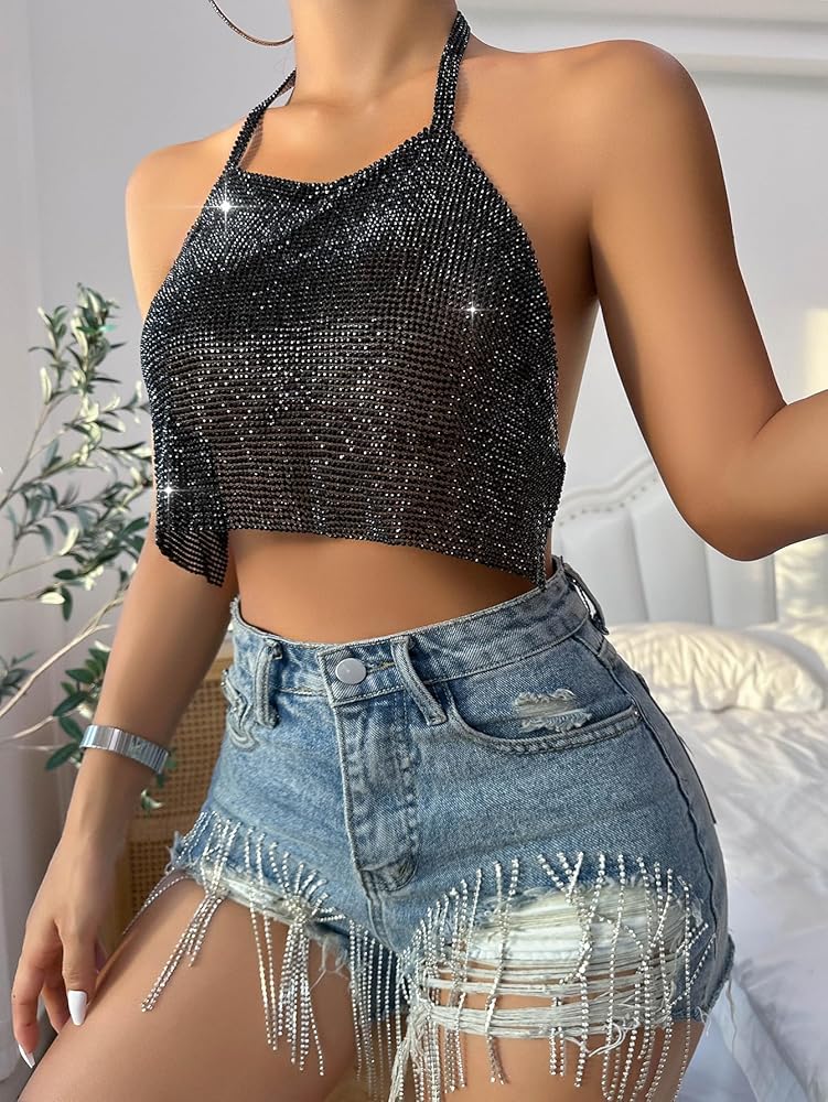 専用です！DIANTE Rhinestone halter neck tops Women's Sexy Rhinestone Metal Halter Crop Top - Summer Beach