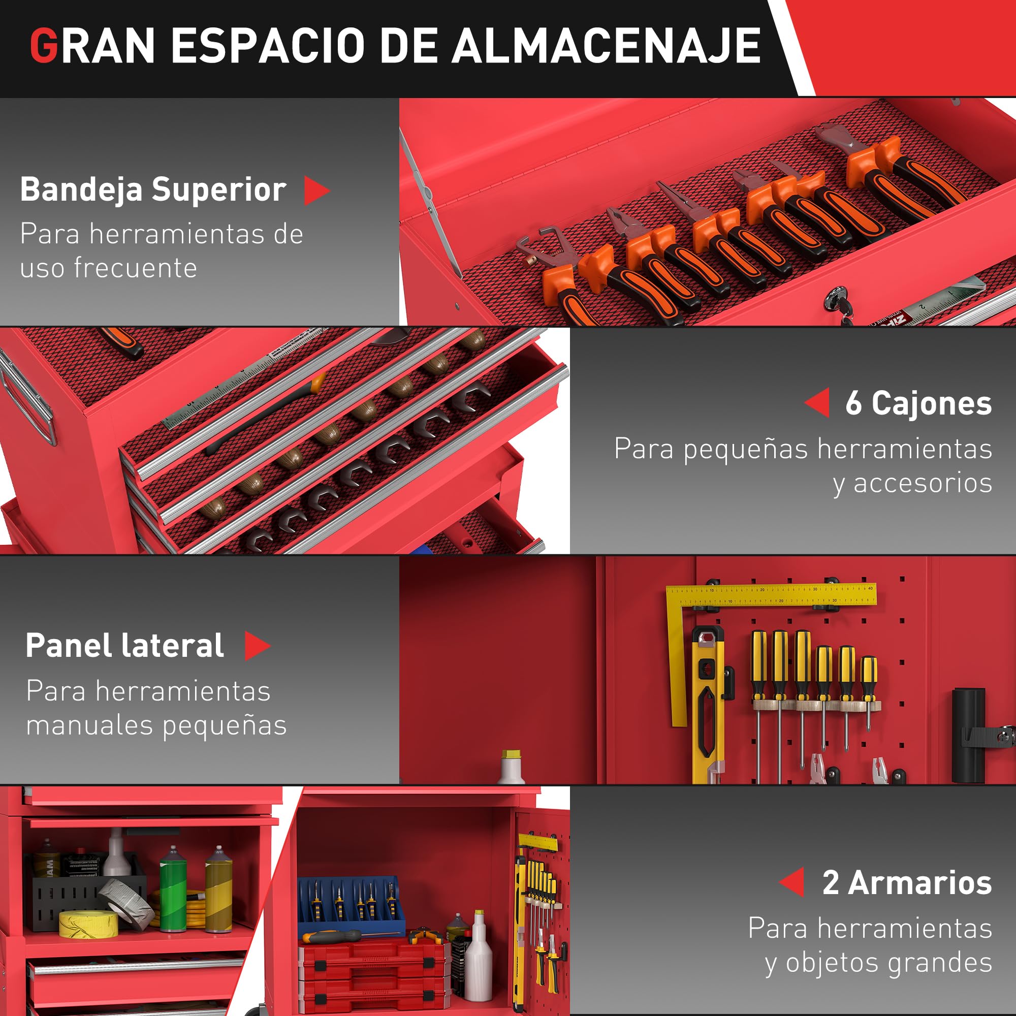 HOMCOM Carro de Herramientas con 6 Cajones y Cerraduras, 3 en 1, Carro de Taller Móvil con Ruedas y Panel Lateral Perforado, Caja de Herramientas Desmontable de Acero, para Taller, Garaje, Rojo