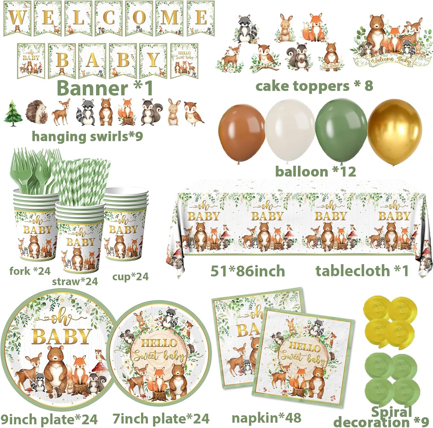 Woodland Baby Shower Decorations,196pcs Woodland Baby Shower Plates and Napkins Cups Sage Forest Animals baby Shower Tablecloth Cake Toppers Balloons for Boy Babys Shower Decorations