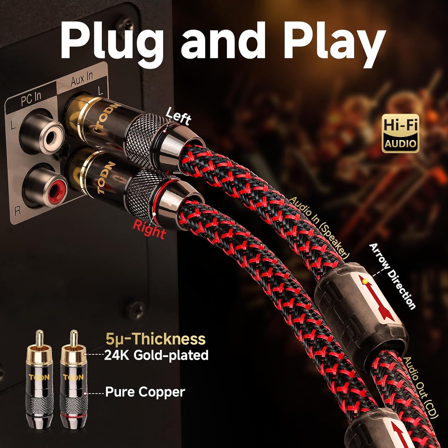 TODN HiFi 4-Core-OFC RCA Cables for Audiophile 2 RCA Male to Male Car Stereo Audio Cable with Shielding for Amps/Phono/Subwoofers (4.9ft/1.5m, 1 Pair)
