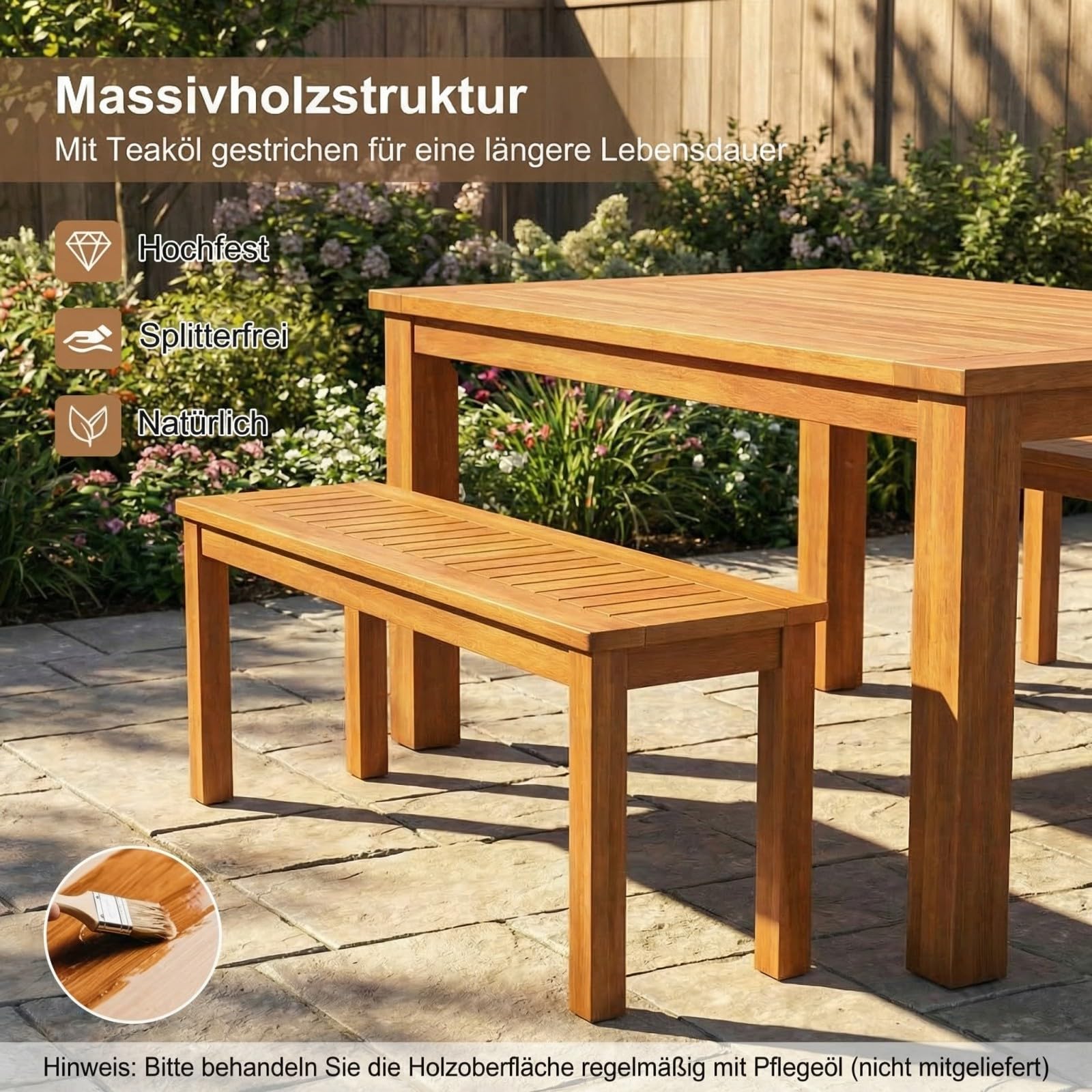 COSTWAY Gartenbank Holz Wetterfest, Sitzbank ohne Rückenlehne, 2-Sitzer Holzbank, Balkonbank aus Hartholz, Blumenbank für Garten, Balkon, Terrasse, 120 x 30,5 x 47 cm