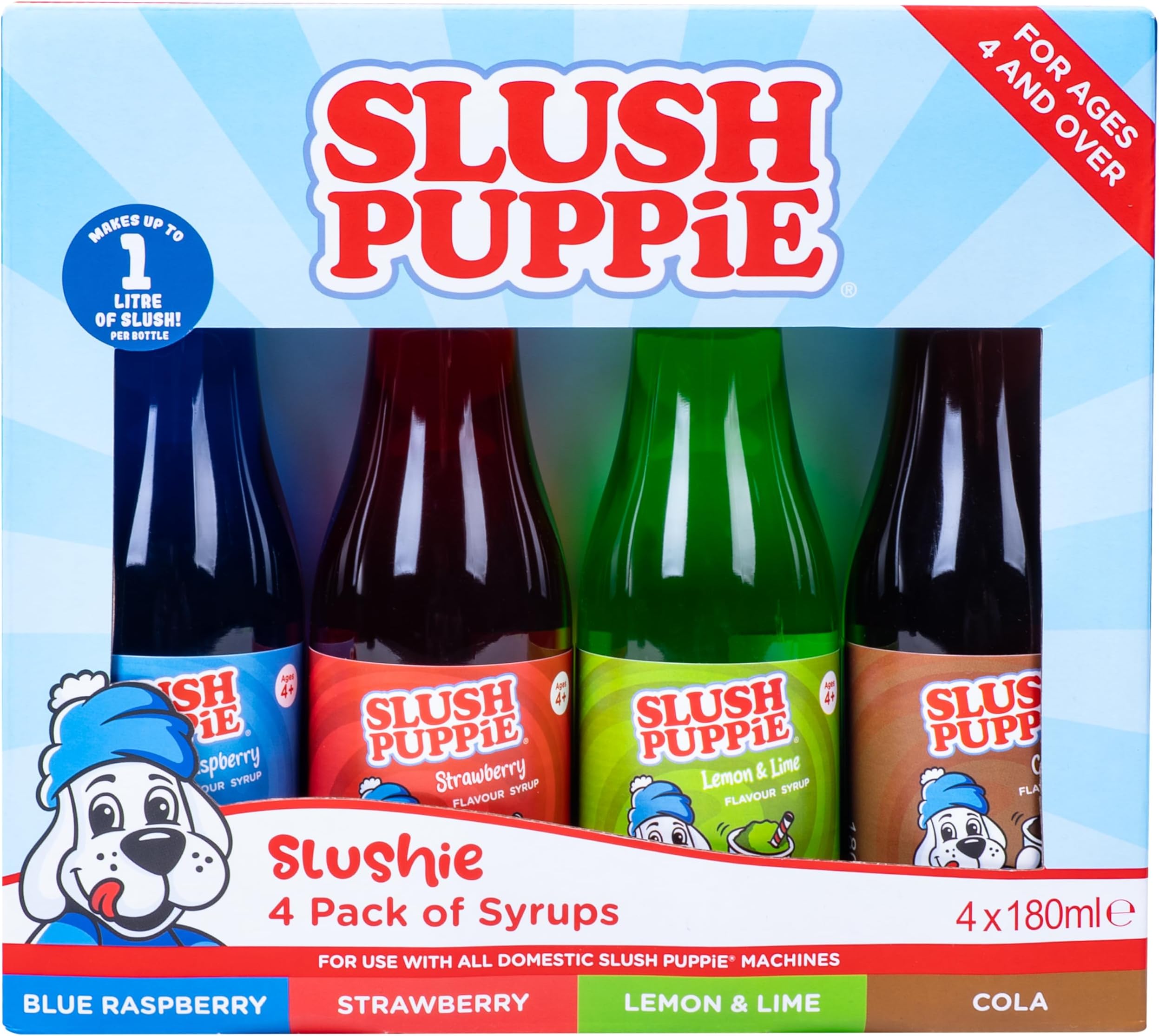SLUSH PUPPiE ZERO 4-Pack Syrup Set. Includes Cola, Blue Raspberry, Lemon & Lime & Strawberry Flavours. Zero Sugar Slush Puppy Syrup Gift Set. 4 x 180ml. Official SLUSH PUPPiE Merchandise.