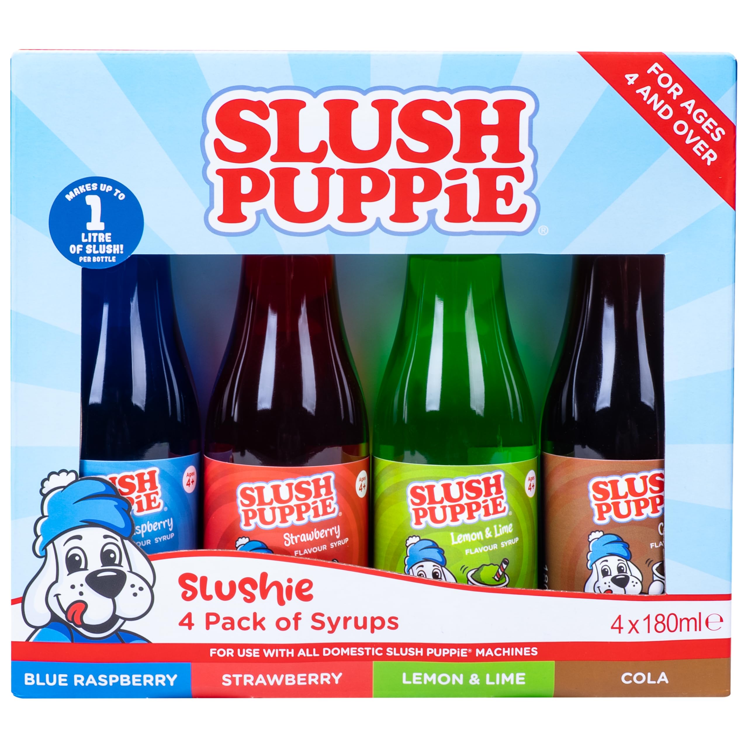 SLUSH PUPPiE ZERO 4-Pack Syrup Set. Includes Cola, Blue Raspberry, Lemon & Lime & Strawberry Flavours. Zero Sugar Slush Puppy Syrup Gift Set. 4 x 180ml. Official SLUSH PUPPiE Merchandise.