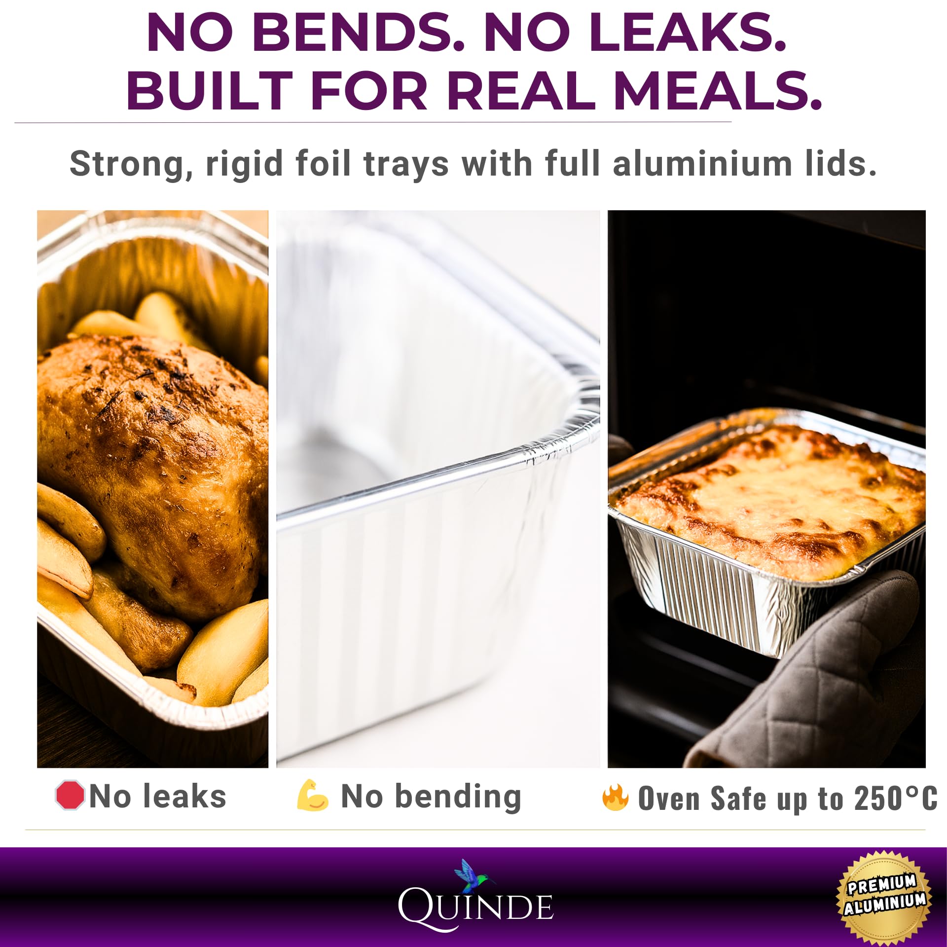 QUINDE Bandejas grandes de aluminio con tapas, paquete de 10 unidades, bandejas de aluminio resistentes de 3500 ml (equivalente a 32 x 26 cm, tapas de aluminio completas de alta calidad para catering