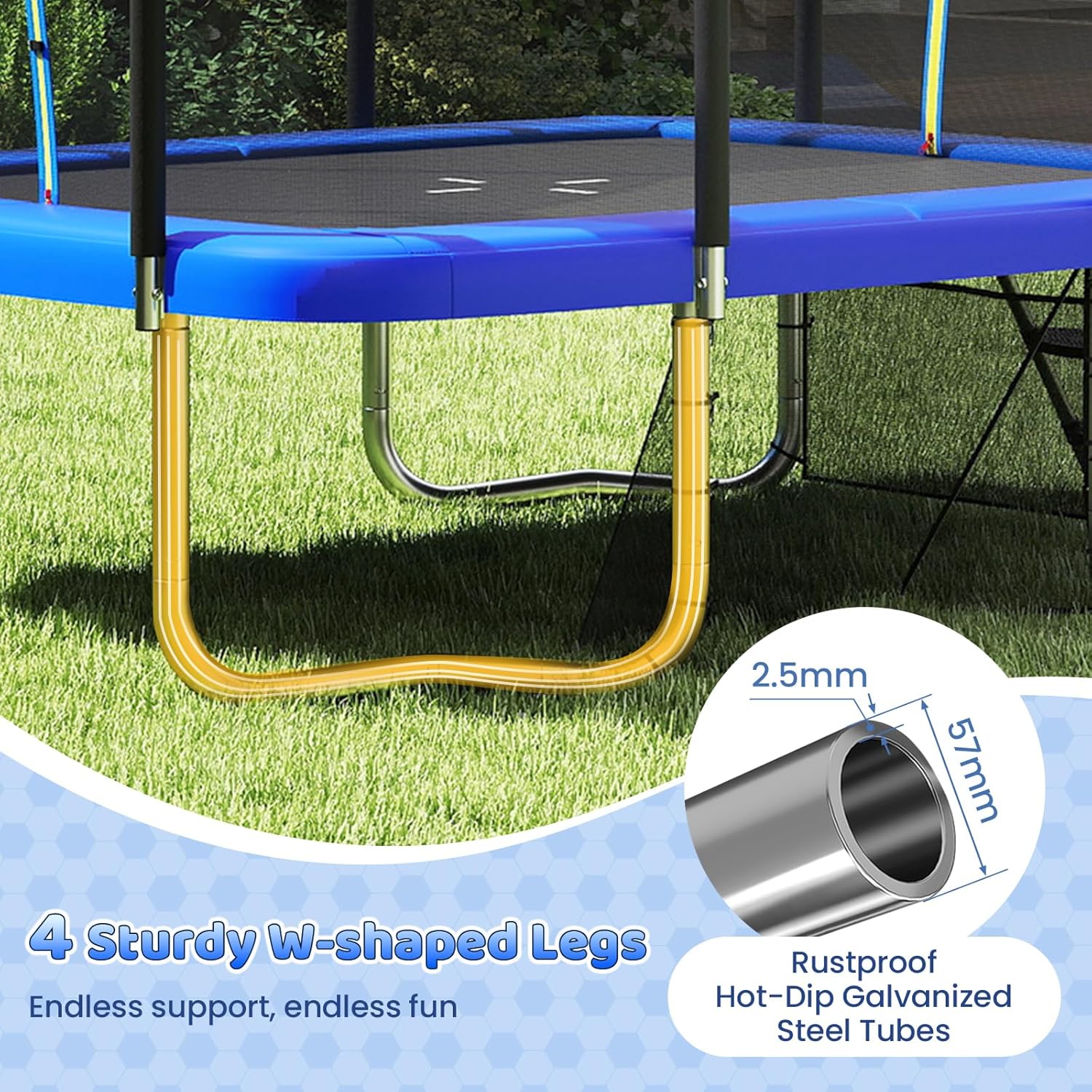 Trampoline frame assembly showing W-shaped legs and connecting tubes