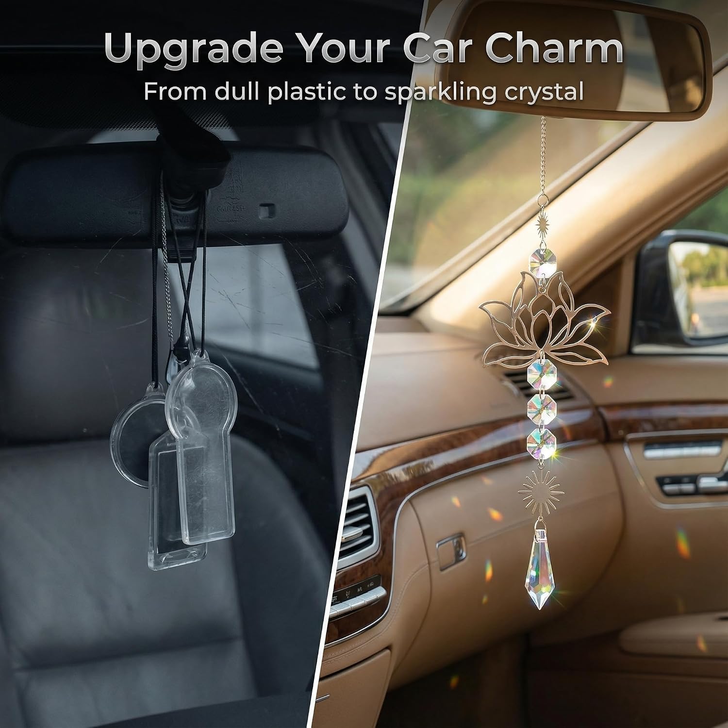 Colorful Crystal car Mirror Hanging Accessories，Car Charm，Rear View Mirror Hanging Decors， Gifts for Women (Lotus Flower)