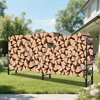 PeakPursuit 8Ft Heavy Duty Firewood Rack Outdoor with Cover, Large Steel Log Holder for Patio, Backyard, Fireplace, Weatherproof Wood Storage with Ventilated Design, Easy Assembly