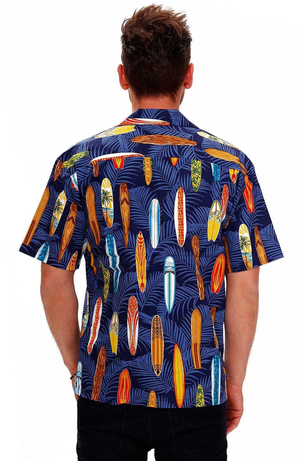 KY's Camicia Hawaiana Originale da Uomo, S - 8XL, a Maniche Corte, Tasca Frontale, Stampa Hawaiana, Tavole da Surf, Foglie di Palma Allover | Nero