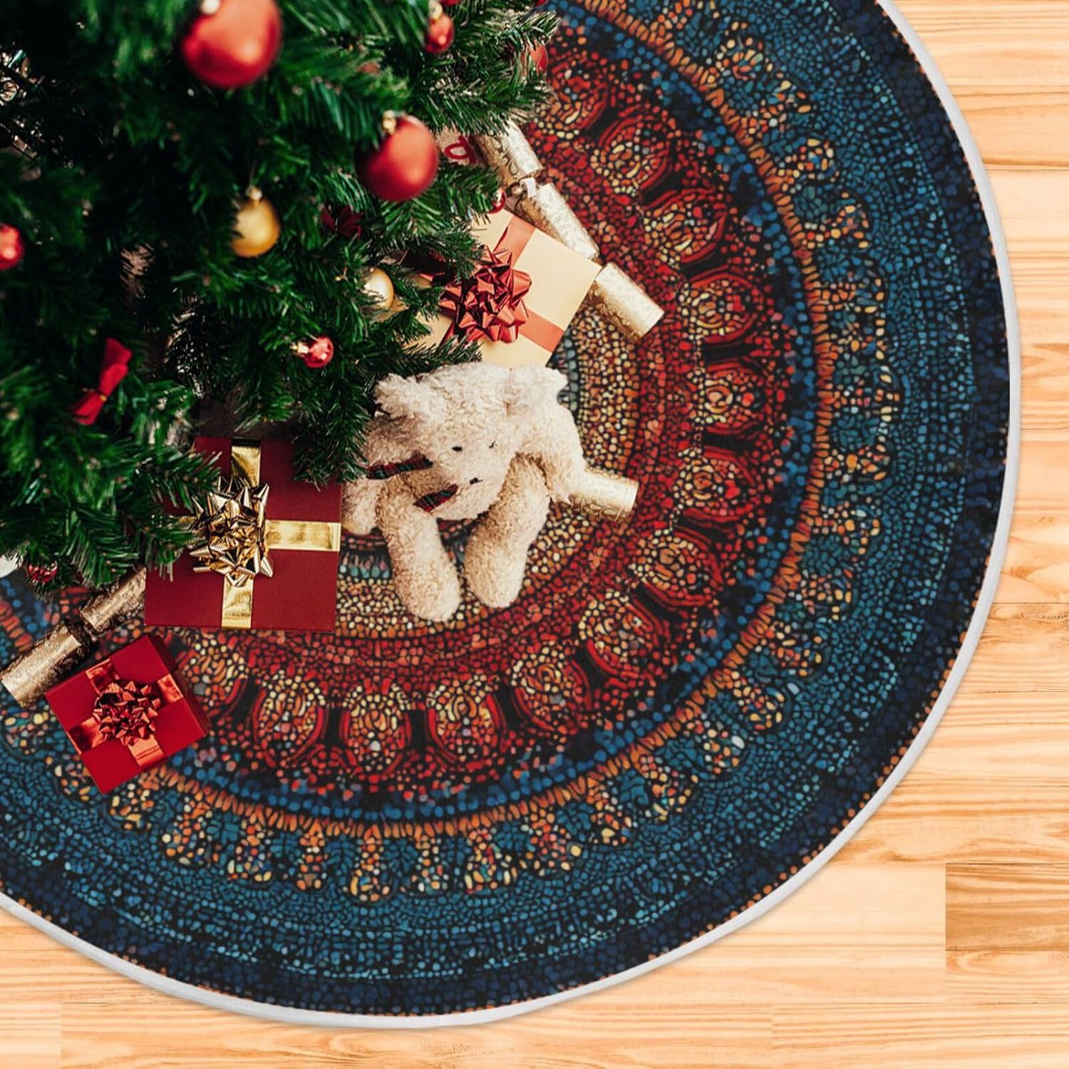 Deep Red Mandala Dark Blue Christmas Tree Floor Mat Home Party Holiday Decorations Plush Polyester 47 inch/35 inch