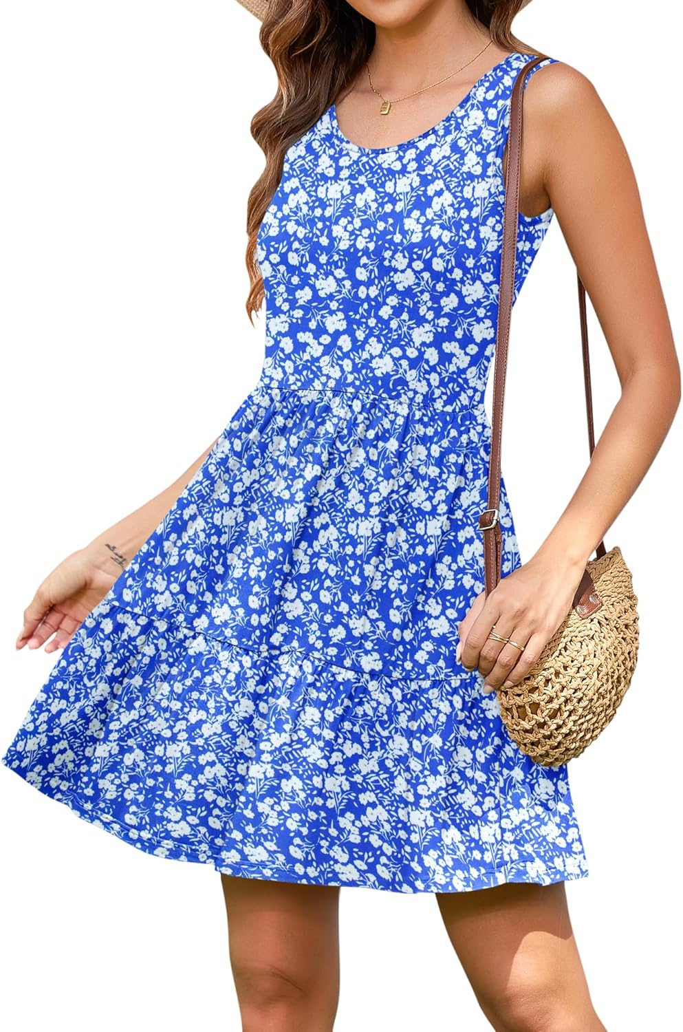 AUSELILY Womens Summer Dress Casual Sleeveless Crewneck T Shirt Sundress Flowy Tiered Swing Mini Dresses
