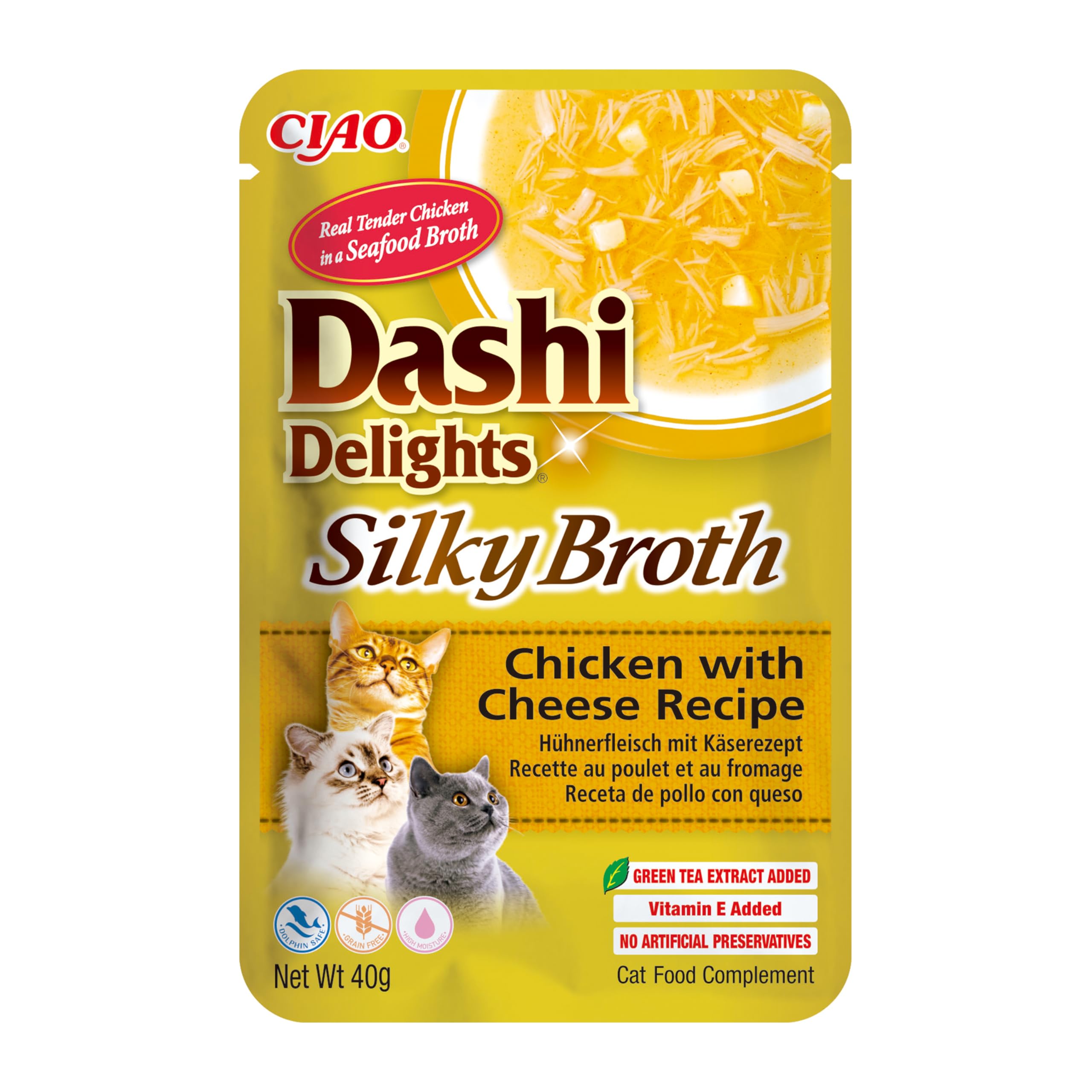 INABA Dashi Delights Silky Broth, Wet Food for Cats with Chicken and Cheese, Fish Broth, Rich in Protein, Natural Ingredients, Complementary Meal, 1 Pack of 40g