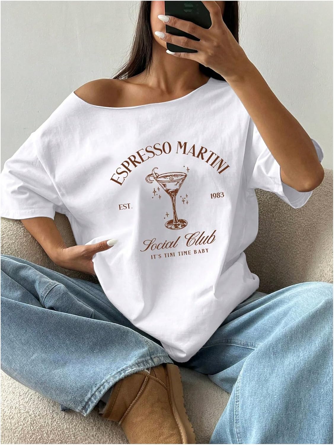 SHENHE Women's Oversized Off The Shoulder Graphic T Shirt Short Sleeve Casual Vintage Tee Top - Image 4