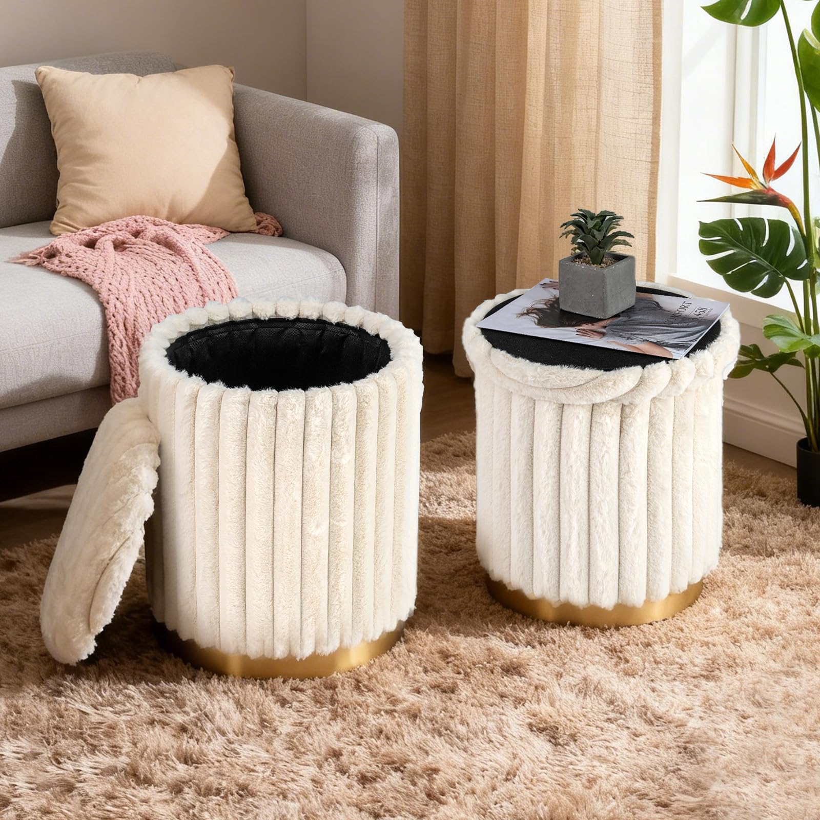 COSTWAY Set di 2 Pouf Contenitori Rotondi, 32L+21L, in Pelo di Coniglio | Sgabelli Contenitori Impilabili con Coperchi Rimovibili e Scomparti Nascosti per Soggiorno e Camera da Letto