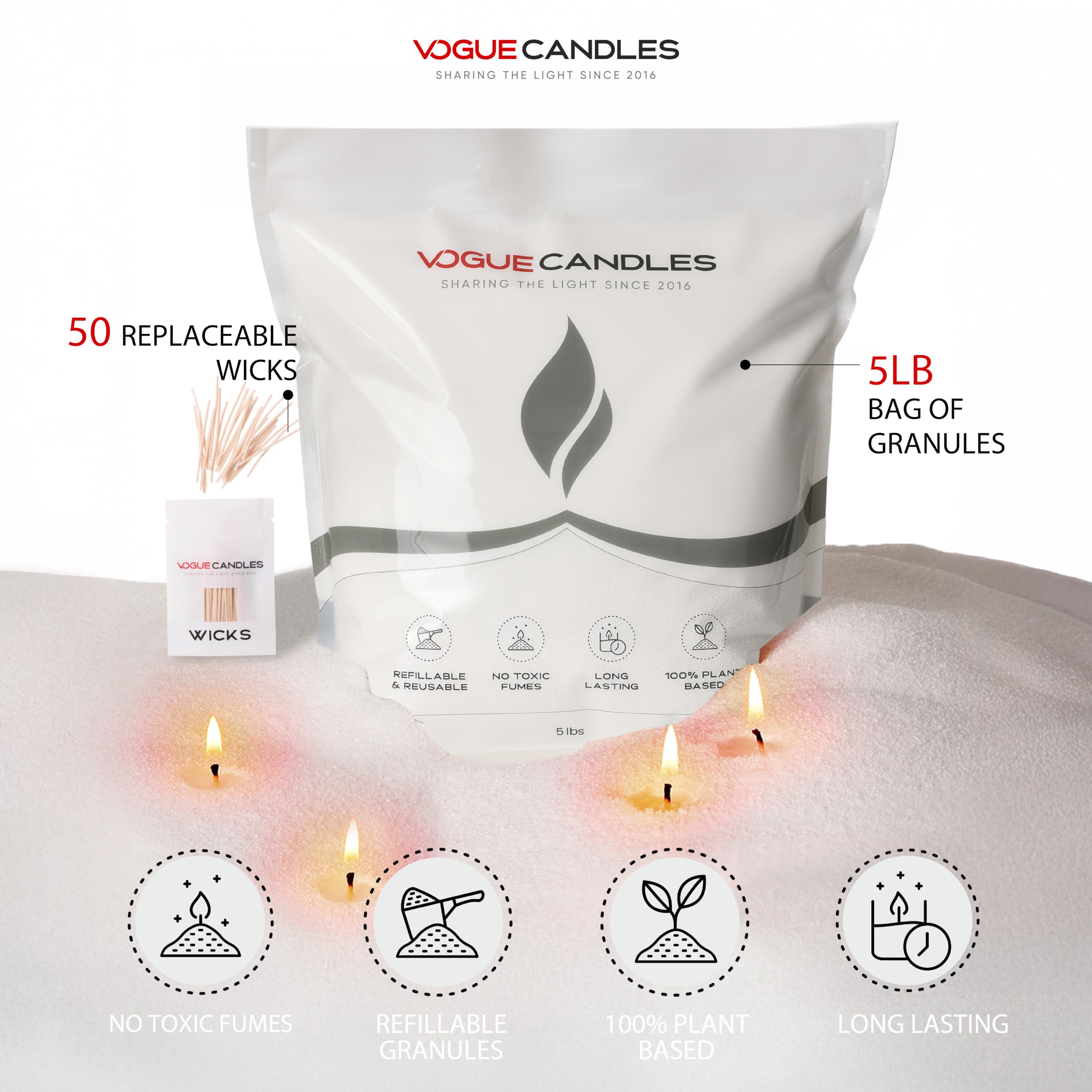 Vogue Candles - Recambio de cera granulada blanca, cera de arena perlada de 5 libras, kit de velas de arena con 50 mechas de algodón para iluminación del hogar, a base de plantas y reutilizable para