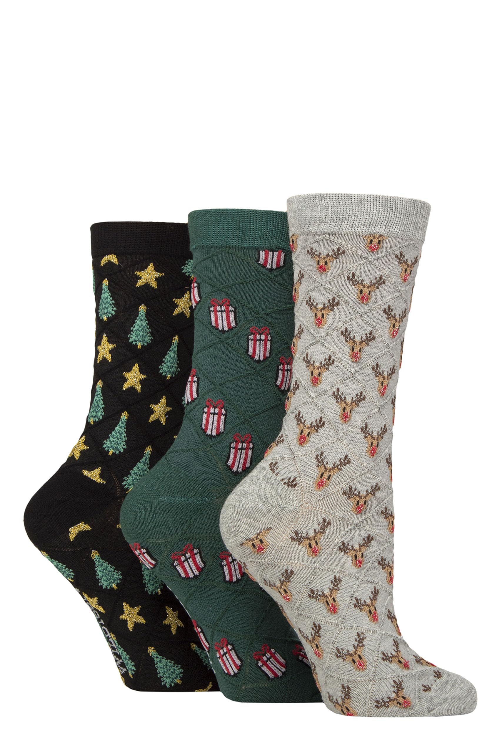 Sockshop Women's Rudolph / Presents / Trees Wildfeet Christmas Socks Textured Knit Cotton Xmas Themed Novelty Patterned Crew Length Size 4-8 3 Pair Multipack (Uk, Numeric, 4, 8, Regular, Regular, Rudolph/Presents/Trees)