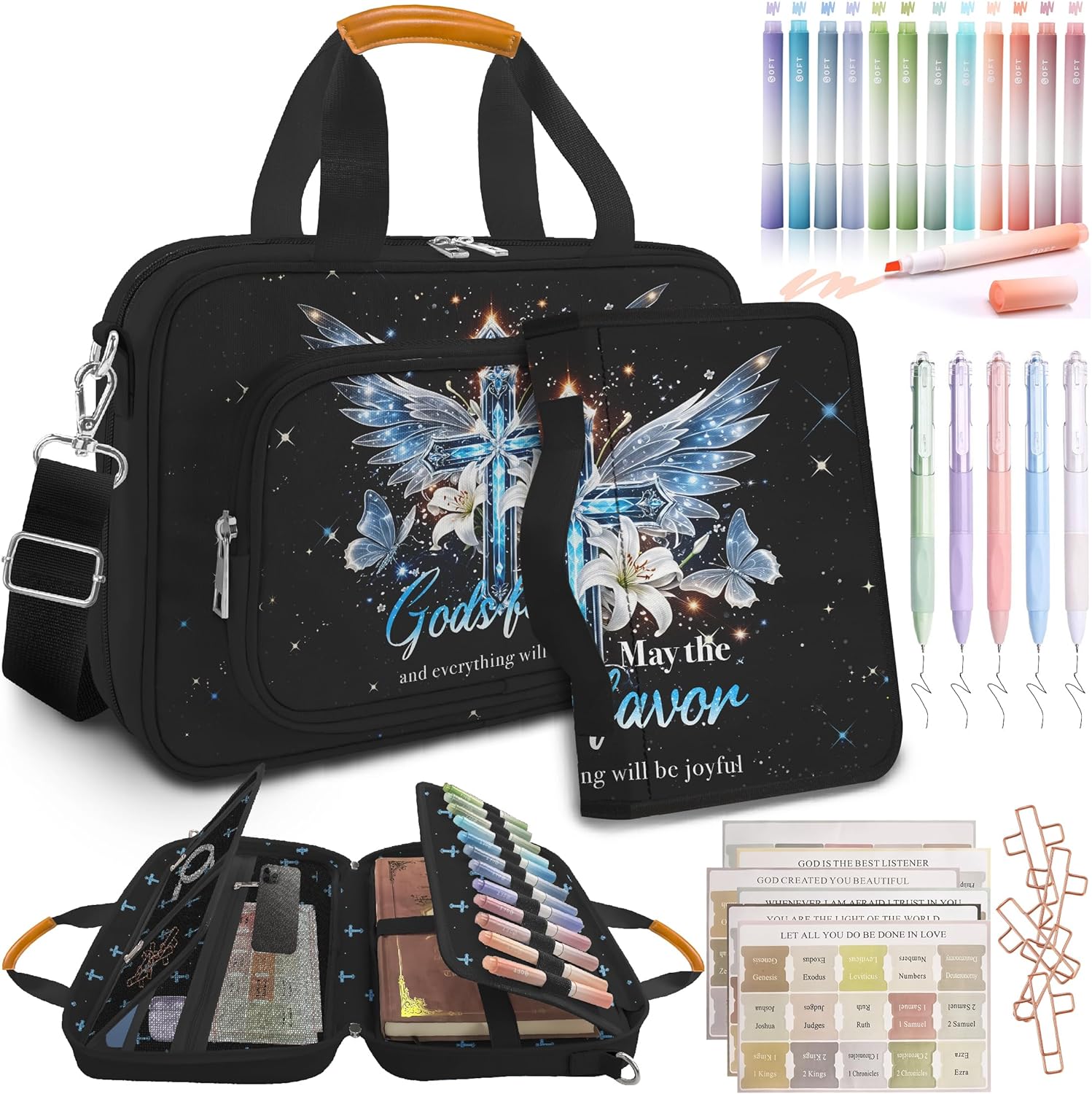 Bible Cover for Women Large Bible Cover Bible Carrier Bag for Women Organizer Cross Bible Study Supplies Journaling Kit Book Carrying Case with Bible Highlighters Shoulder Strap Christian Gifts