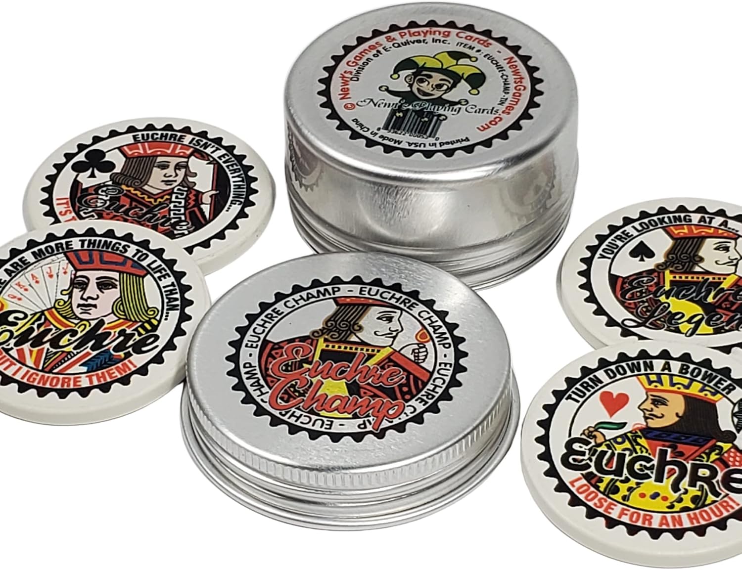 Newt's Playing Cards Euchre Champ Ceramic Poker Chips in Small, Round Euchre Champ tin | Card Player Gift | Tournament Prize/Award