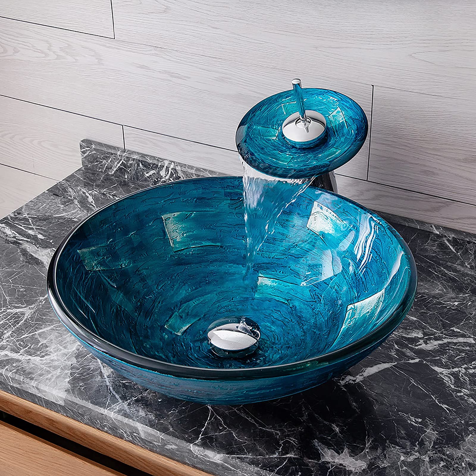 Lavandino da appoggio per Il Bagno, lavabo da appoggio Rotondo in Vetro temperato, lavabo da appoggio Blu, lavabo da appoggio Artistico con Scarico a Scomparsa