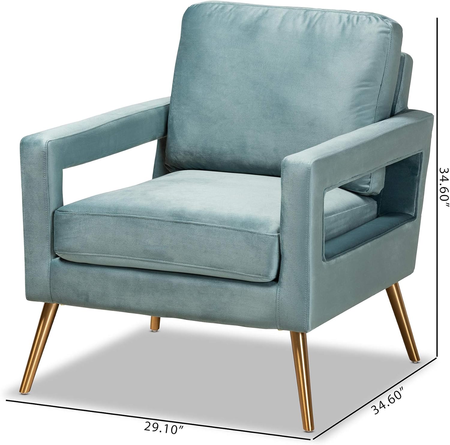 Baxton Studio Leland Glam and Luxe Light Blue Velvet Fabric Upholstered and Gold Finished Armchair