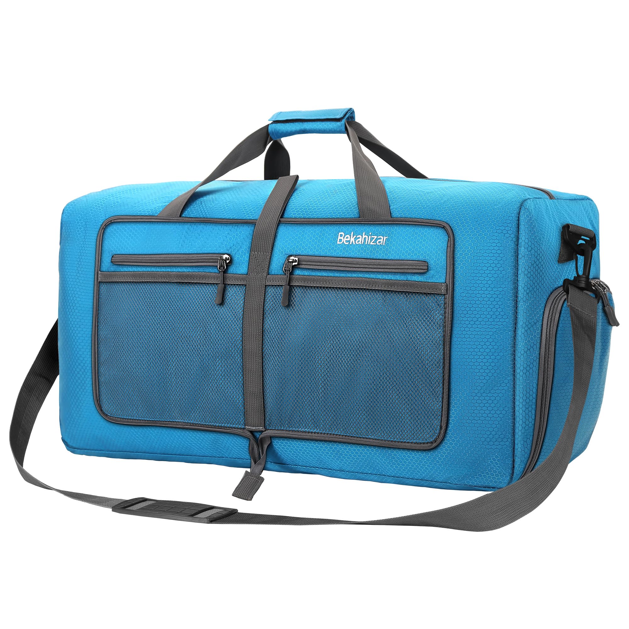 Bekahizar Leichte Faltbare Reisetasche 60L Große Travel Duffle Bag Übernachtung Taschen Verpackbar Reisegepäck Gym Sporttasche Mit Schuhfach für Herren Damen Flugzeug Camping Reisen Urlaub (blau)