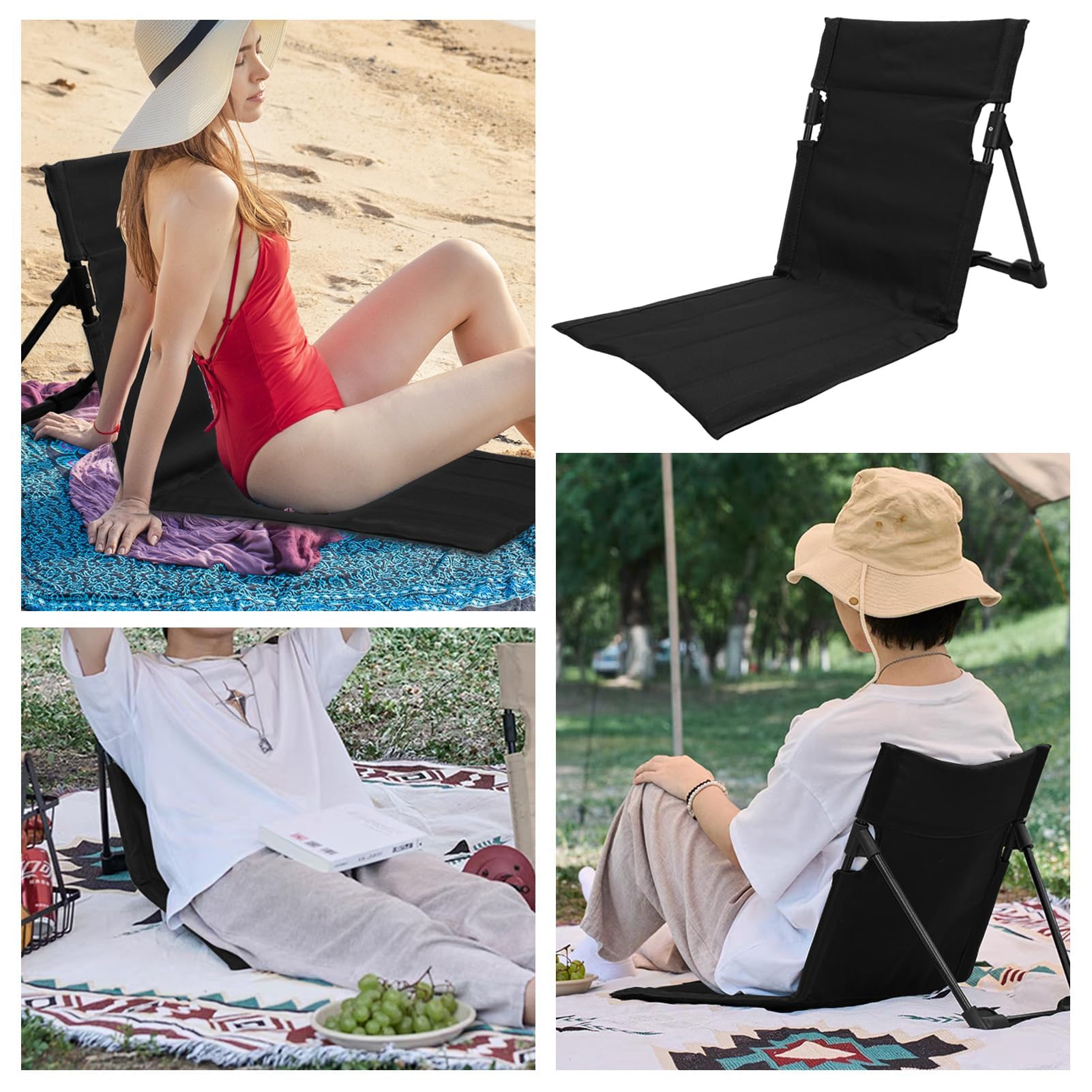 Esterilla Playa con Respaldo con Bolsillo, Esterilla con Respaldo Playa Plegable Tela Oxford 600D Portátil Ultraligera Tumbona Playa para Camping, Playa, Hierba, Jardín (Negro)