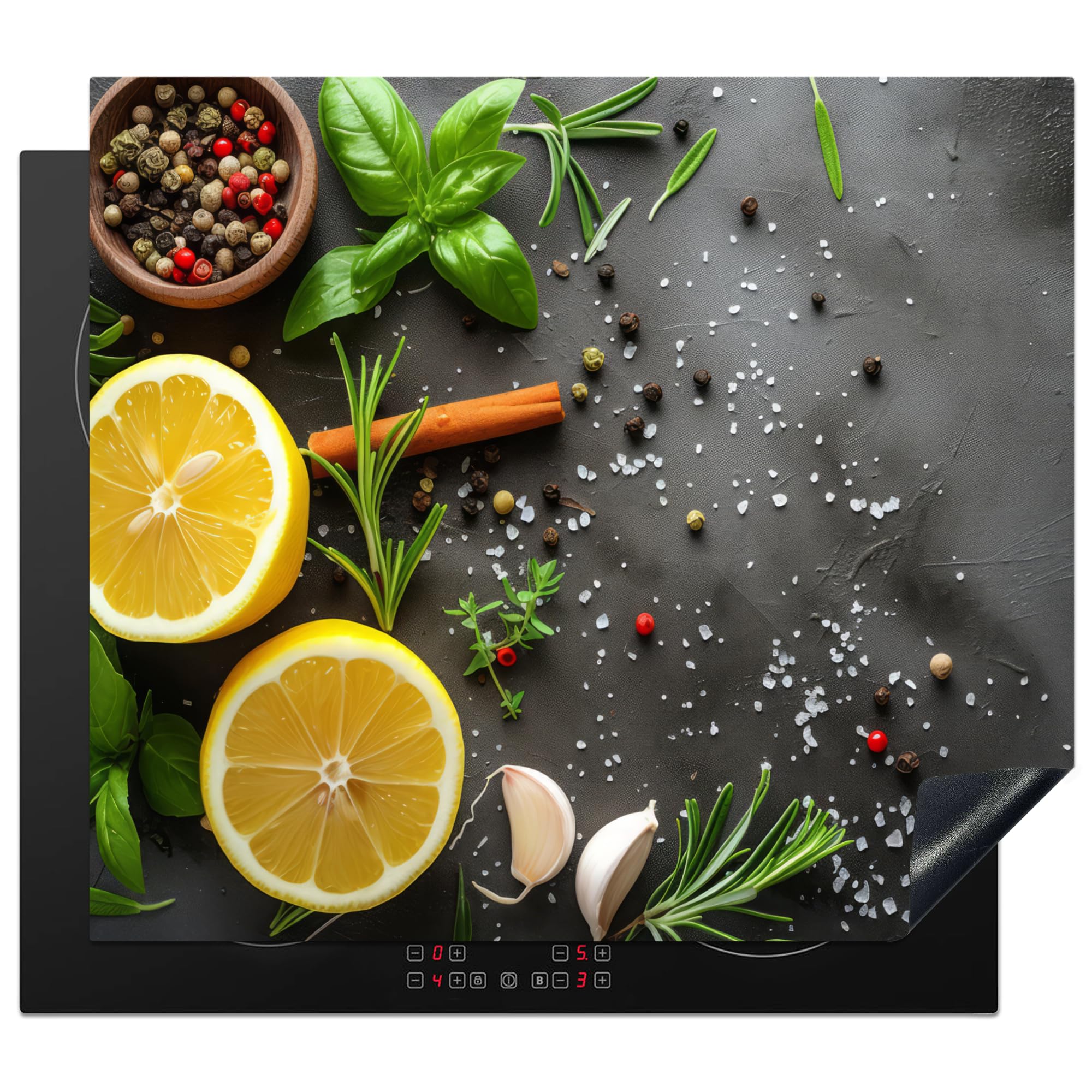 KitchenYeah© Induction Hob Cover Protector Mat 20.2"x22.9" / 58.3x51.3 cm Kitchen Universal Ceramic Covers for Electric Cookers Vinyl Lemon - Concrete - Pepper - Spices - Fruit — image 1