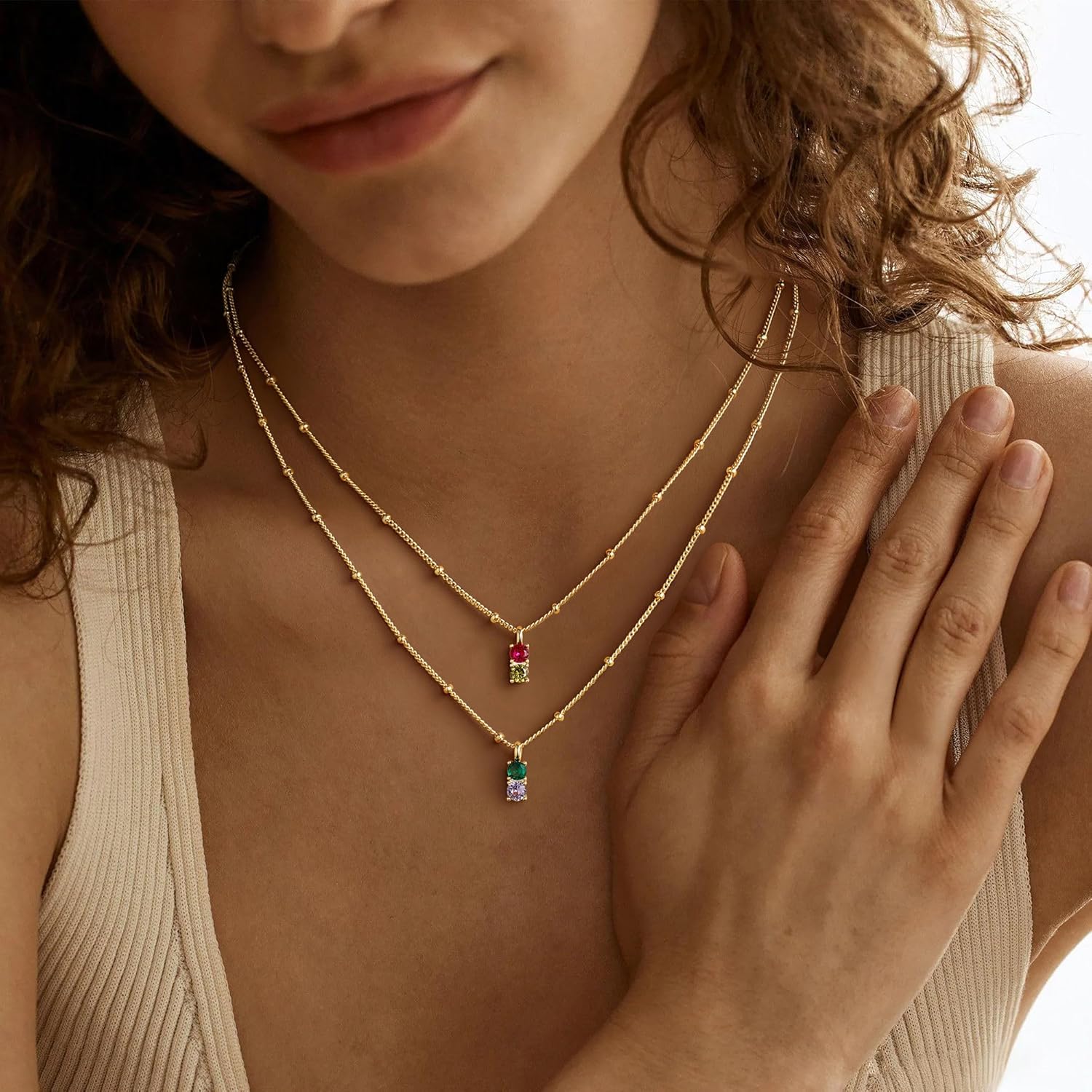 Turandoss Two Birthstone Necklaces for Women Trendy, Dainty 14K Gold Plated Double 12 Months Blue Green Emerald Birthstone Pendant Necklaces Birthday Jewelry Personalized Gifts for Women Girls - Image 3