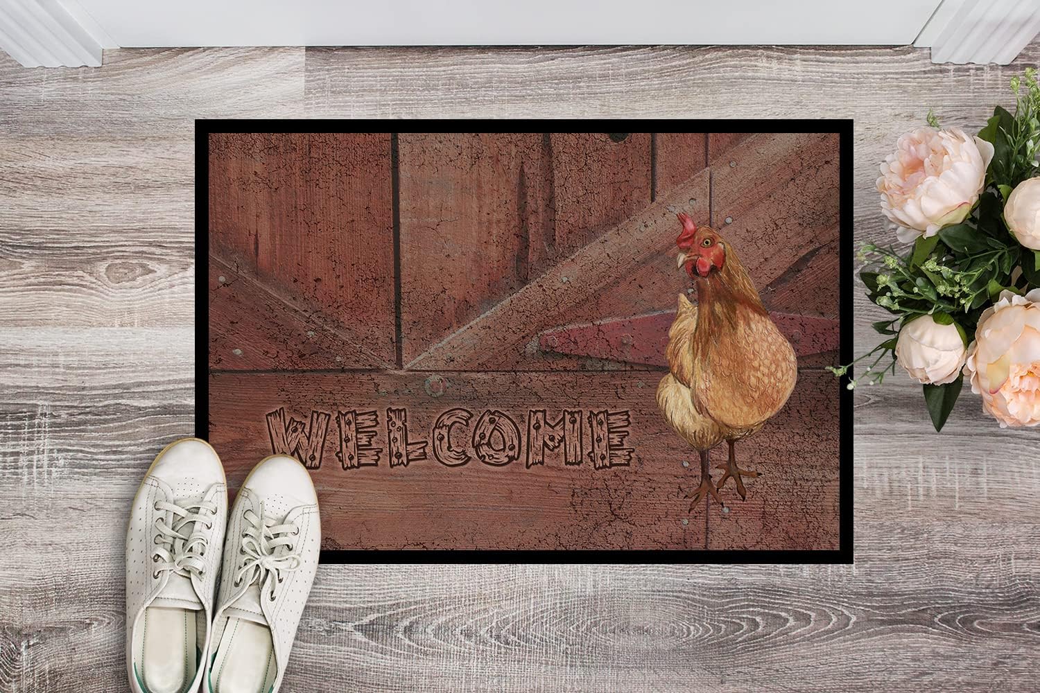 Caroline's Treasures SB3075JMAT Welcome Chicken Doormat 24x36 Front Door Mat Indoor Outdoor Rugs for Entryway, Non Slip Washable Low Pile, 24H X 36W