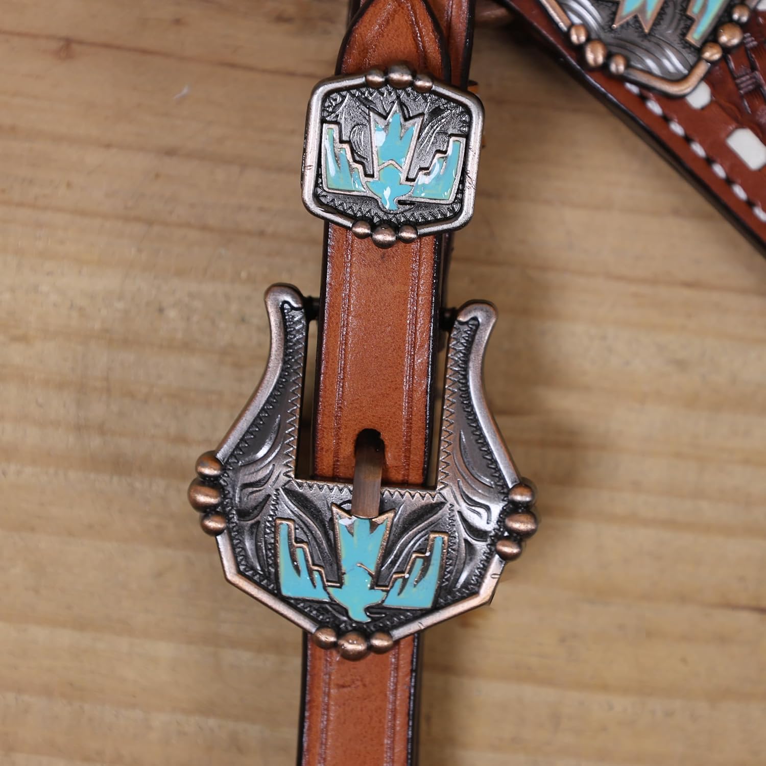 Western Leather Headstall and Breast Collar Tack Set with Thunderbird Cut Out, Turquoise Inlay, White Rawhide Buck Stitching, and Antique Copper Thunderbird Hardware, Argentina Cow Leather