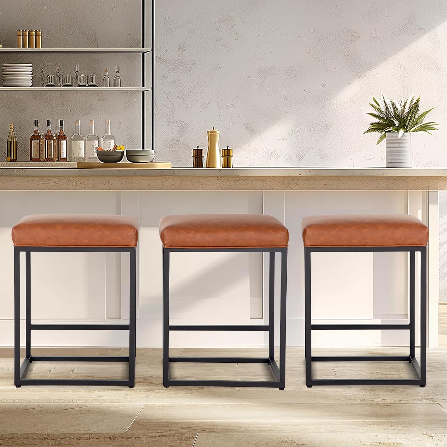 Brown Counter Height Bar Stools Set of 4 for Kitchen Counter 24 Inch Backless Modern Barstools Industrial Upholstered Faux Leather Stools Farmhouse Island Chairs,Support 330 LBS, Brown