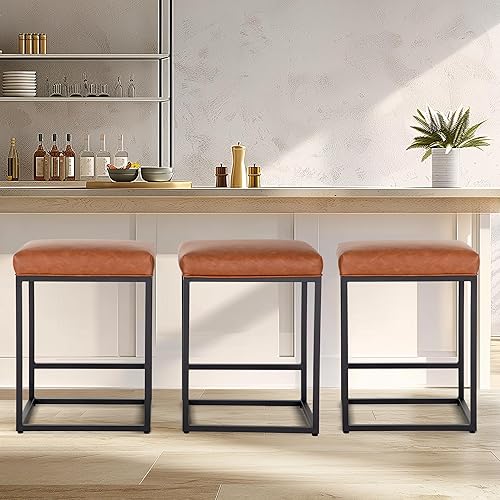 Miniatura 7 de Erste!Bravo Juego de 4 taburetes de bar de altura de mostrador marrón para encimera de cocina de 24 pulgadas, sin espalda, modernos taburetes de bar